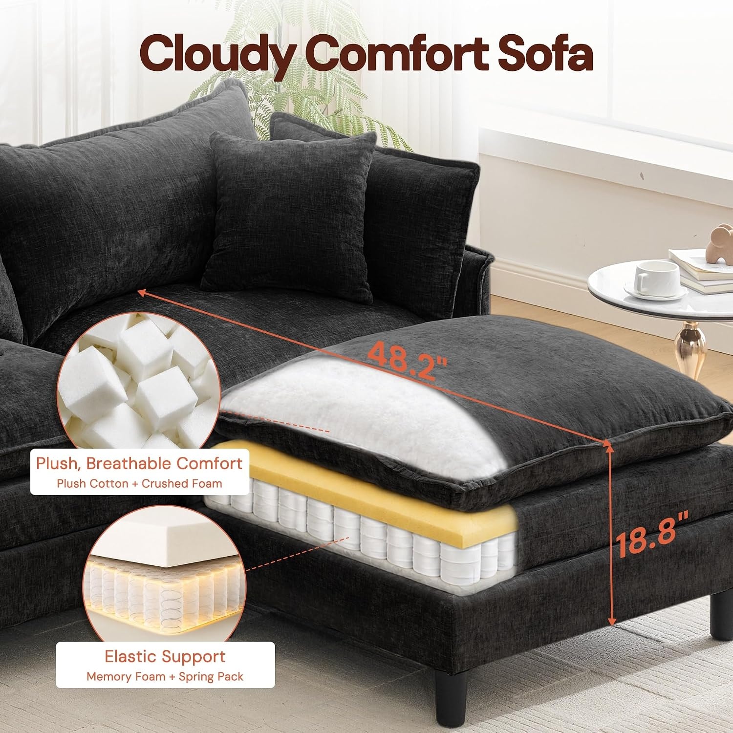 image:imageKorser 105 LShaped Modular Sectional Sofa 3Seater Cloud Couch with 1 Movable Ottoman Modern Chenille Sofa Set with Removable Washable Pillows for Living Room Bedroom ApartmentBlack