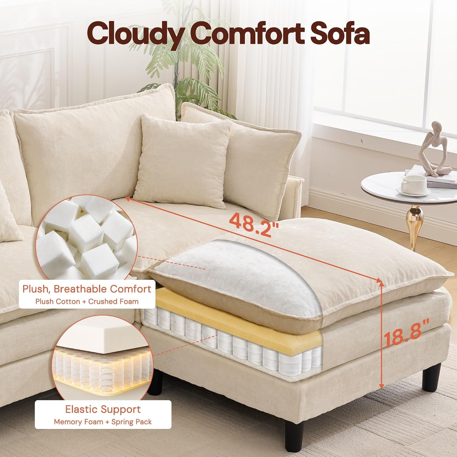 image:imageKorser 105 LShaped Modular Sectional Sofa 3Seater Cloud Couch with 1 Movable Ottoman Modern Chenille Sofa Set with Removable Washable Pillows for Living Room Bedroom ApartmentBeige