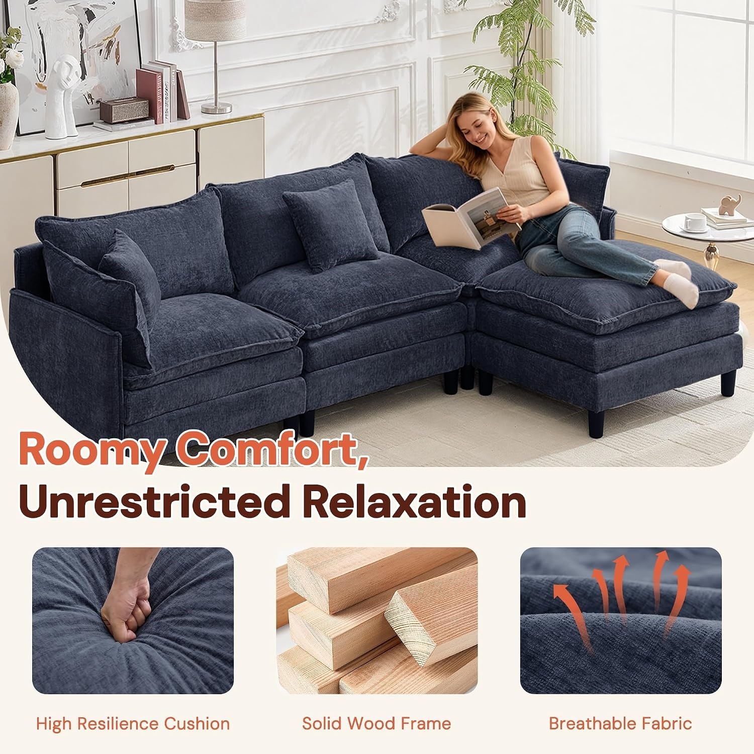 image:imageKorser 105 LShaped Modular Sectional Sofa 3Seater Cloud Couch with 1 Movable Ottoman Modern Chenille Sofa Set with Removable Washable Pillows for Living Room Bedroom ApartmentBlue
