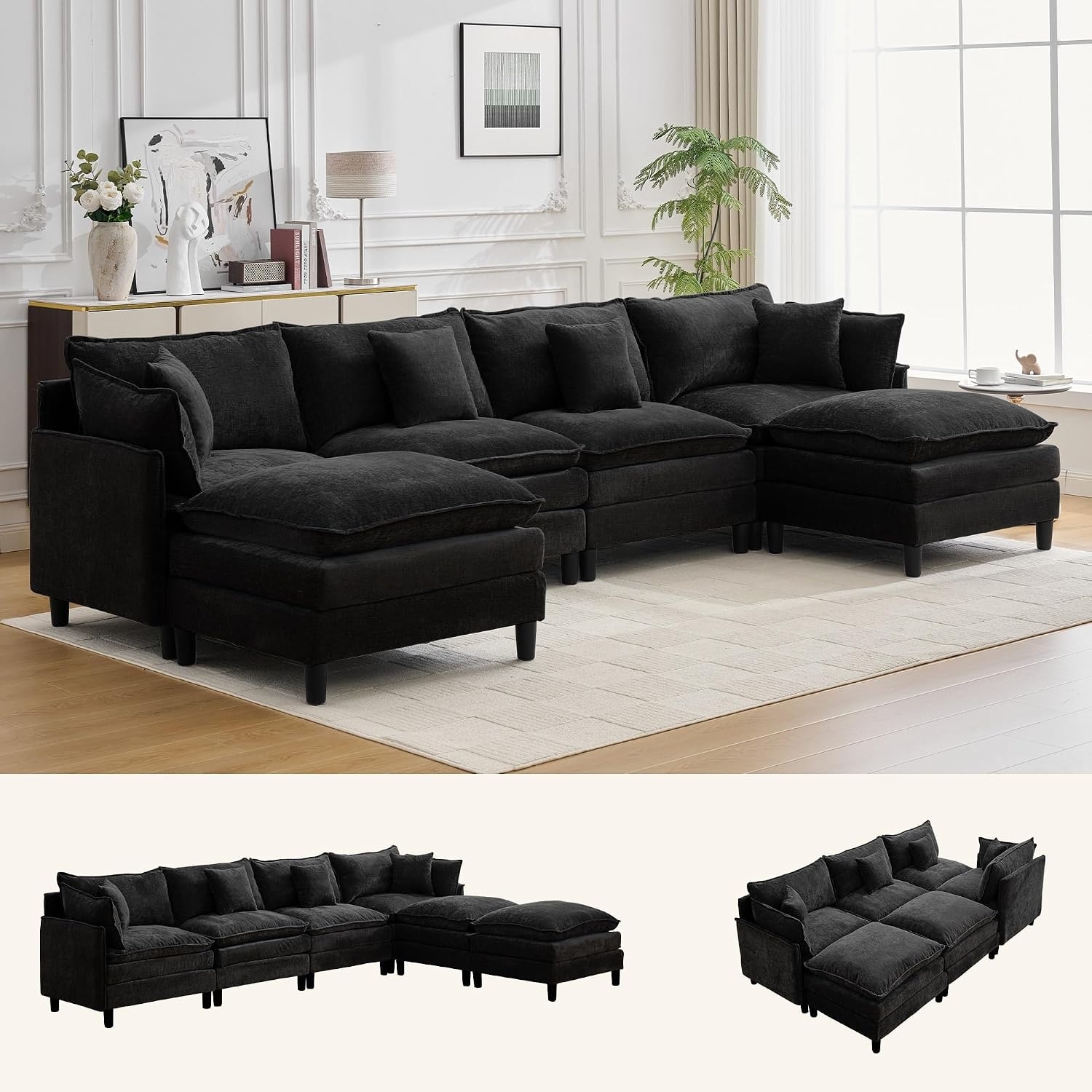 image:imageKorser 105 LShaped Modular Sectional Sofa 3Seater Cloud Couch with 1 Movable Ottoman Modern Chenille Sofa Set with Removable Washable Pillows for Living Room Bedroom ApartmentBlack