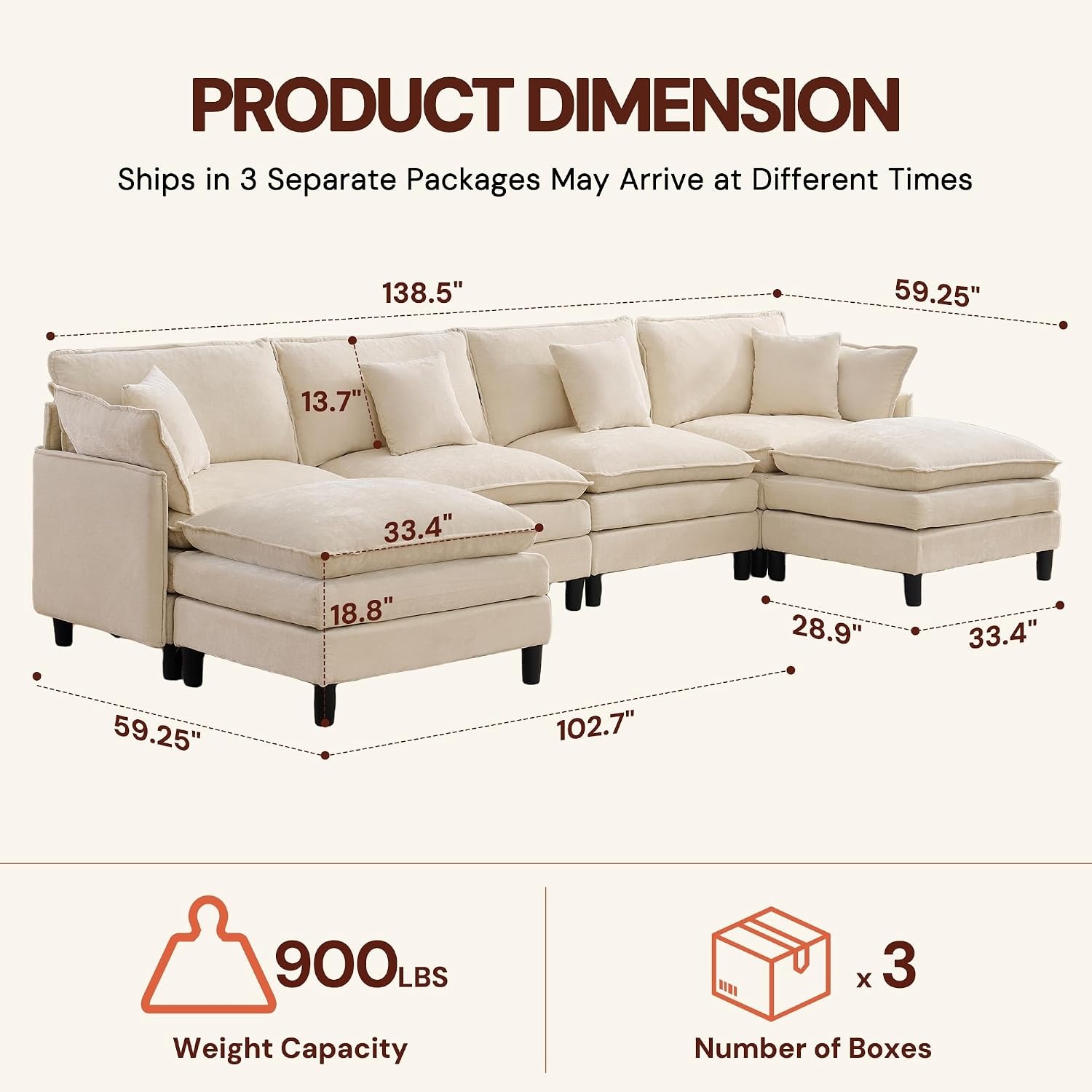 image:imageKorser 105 LShaped Modular Sectional Sofa 3Seater Cloud Couch with 1 Movable Ottoman Modern Chenille Sofa Set with Removable Washable Pillows for Living Room Bedroom ApartmentBeige