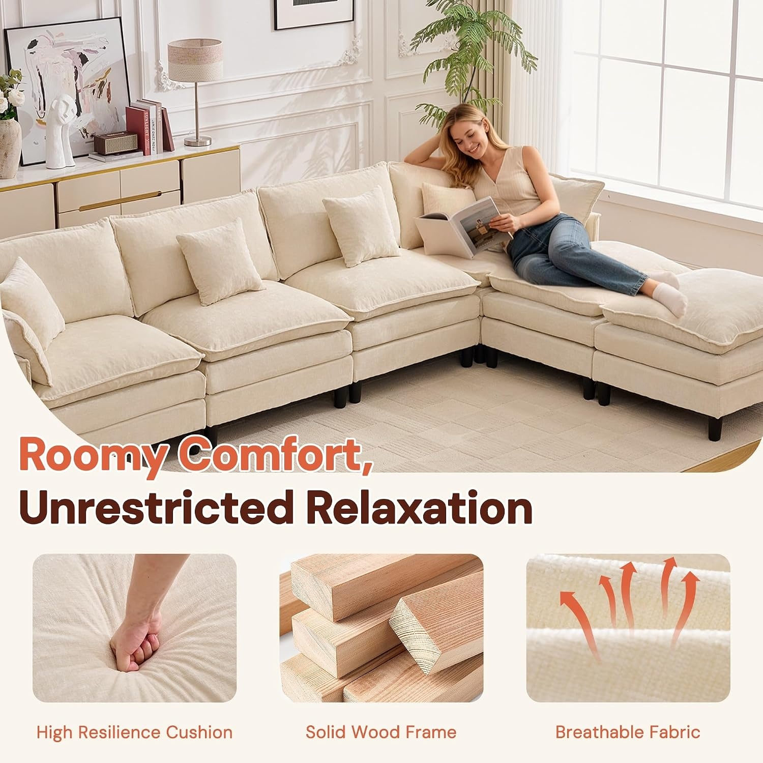 image:imageKorser 105 LShaped Modular Sectional Sofa 3Seater Cloud Couch with 1 Movable Ottoman Modern Chenille Sofa Set with Removable Washable Pillows for Living Room Bedroom ApartmentBeige