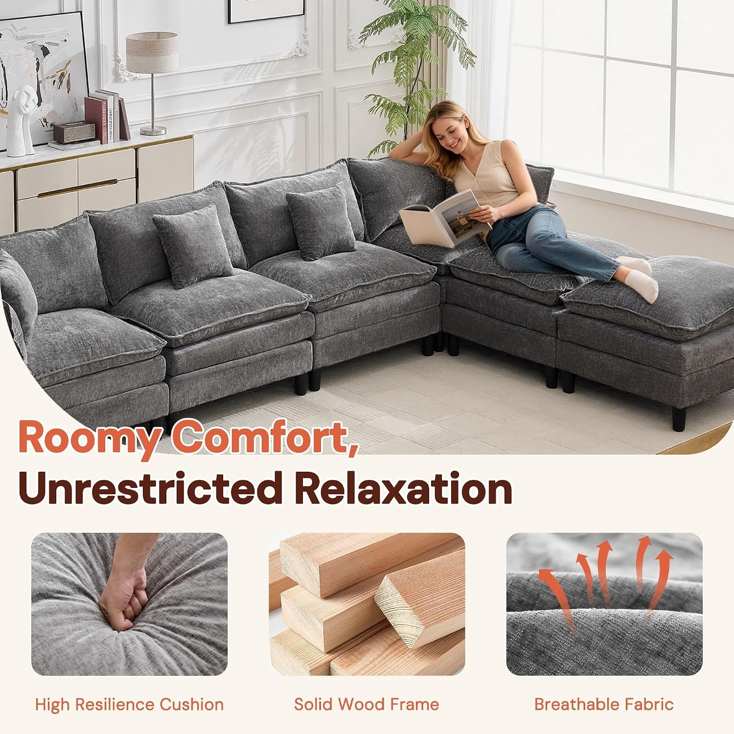image:imageKorser 105 LShaped Modular Sectional Sofa 3Seater Cloud Couch with 1 Movable Ottoman Modern Chenille Sofa Set with Removable Washable Pillows for Living Room Bedroom ApartmentGrey