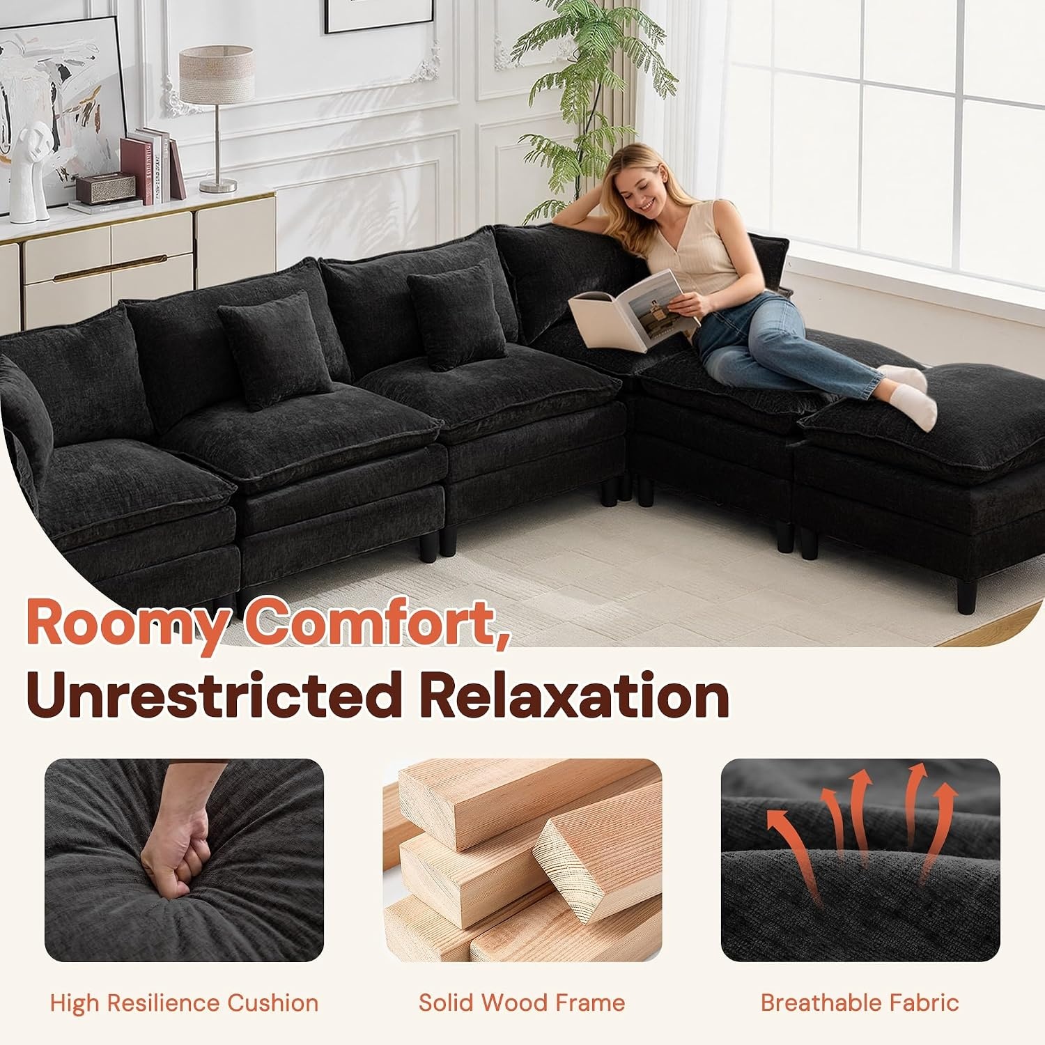 image:imageKorser 105 LShaped Modular Sectional Sofa 3Seater Cloud Couch with 1 Movable Ottoman Modern Chenille Sofa Set with Removable Washable Pillows for Living Room Bedroom ApartmentBlack