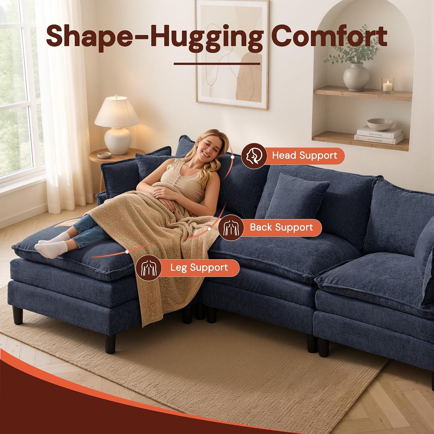 image:imageKorser 105 LShaped Modular Sectional Sofa 3Seater Cloud Couch with 1 Movable Ottoman Modern Chenille Sofa Set with Removable Washable Pillows for Living Room Bedroom ApartmentBlue