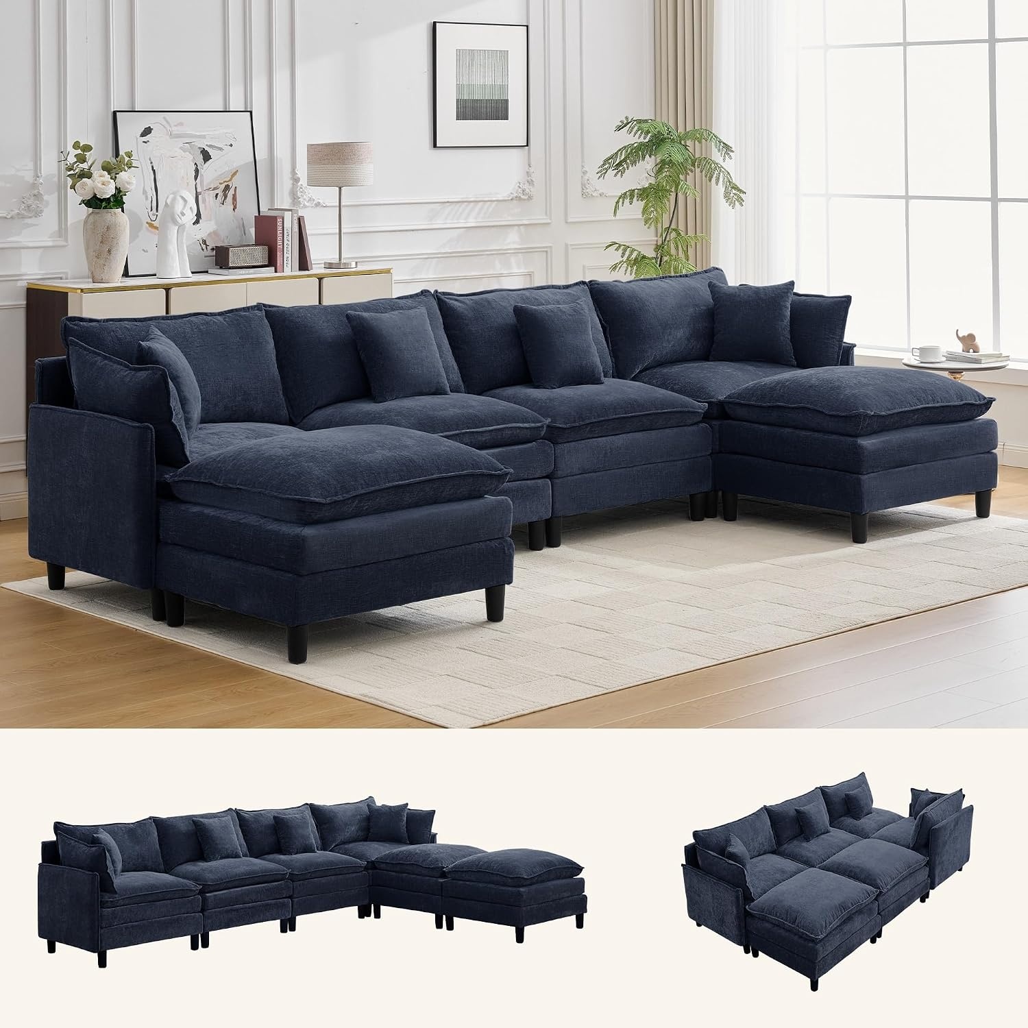 image:imageKorser 105 LShaped Modular Sectional Sofa 3Seater Cloud Couch with 1 Movable Ottoman Modern Chenille Sofa Set with Removable Washable Pillows for Living Room Bedroom ApartmentBlue