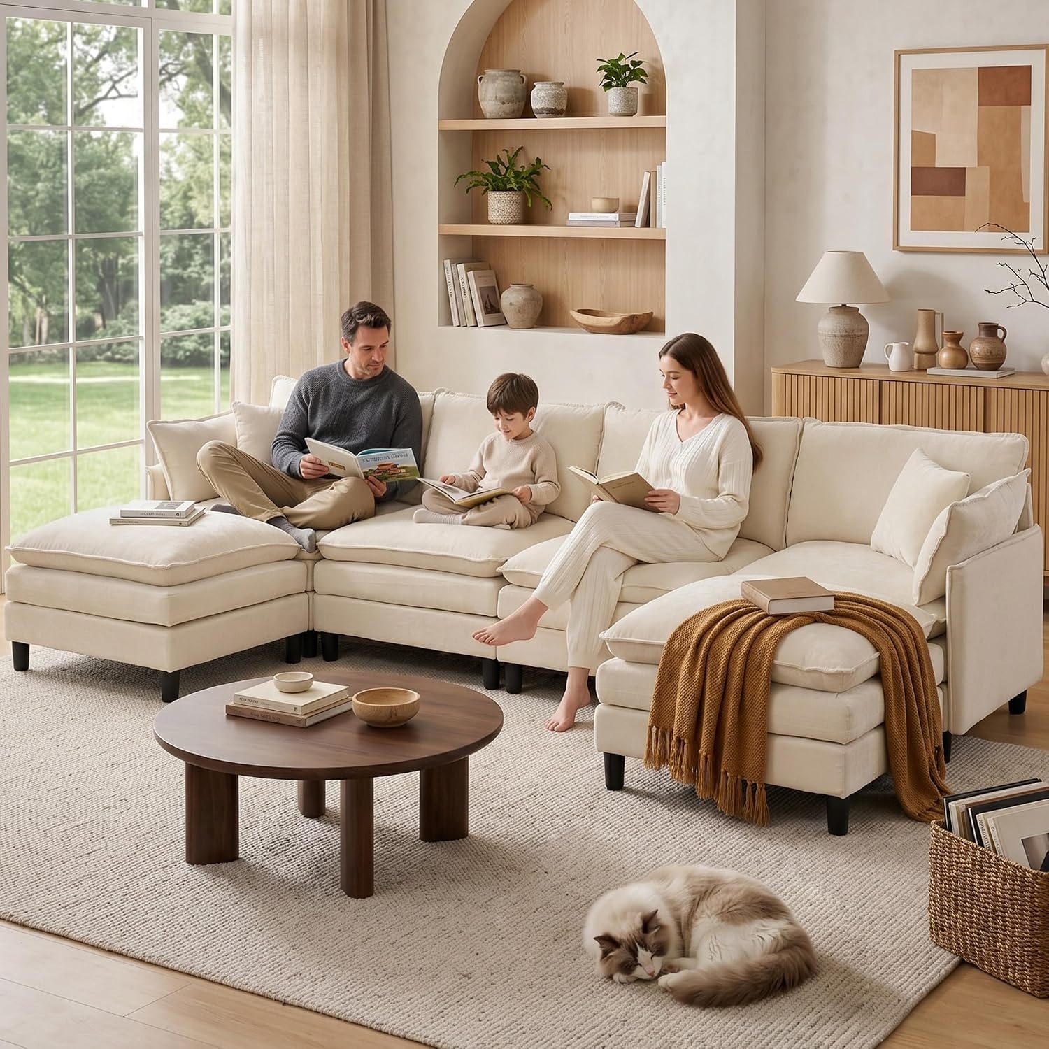image:imageKorser 105 LShaped Modular Sectional Sofa 3Seater Cloud Couch with 1 Movable Ottoman Modern Chenille Sofa Set with Removable Washable Pillows for Living Room Bedroom ApartmentBeige