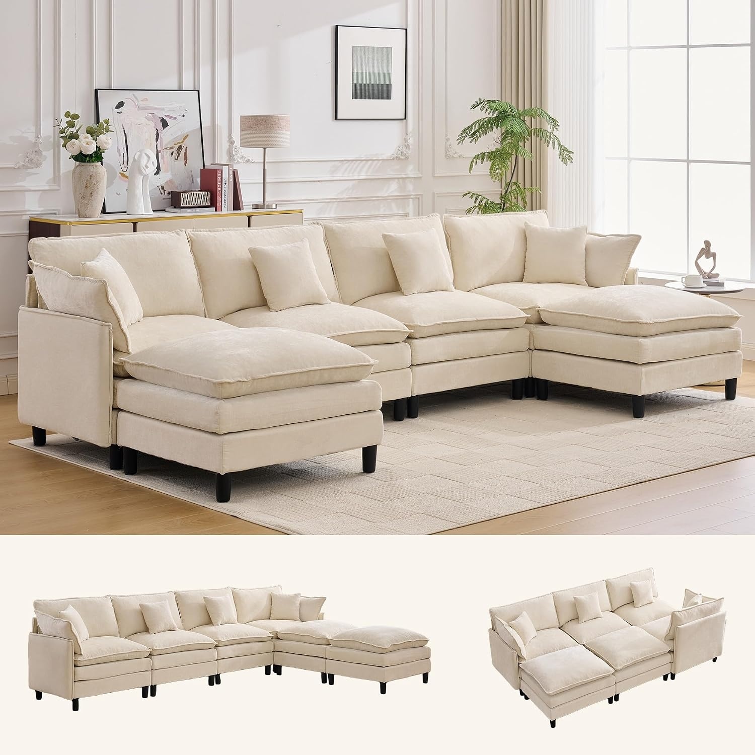 image:imageKorser 105 LShaped Modular Sectional Sofa 3Seater Cloud Couch with 1 Movable Ottoman Modern Chenille Sofa Set with Removable Washable Pillows for Living Room Bedroom ApartmentBeige