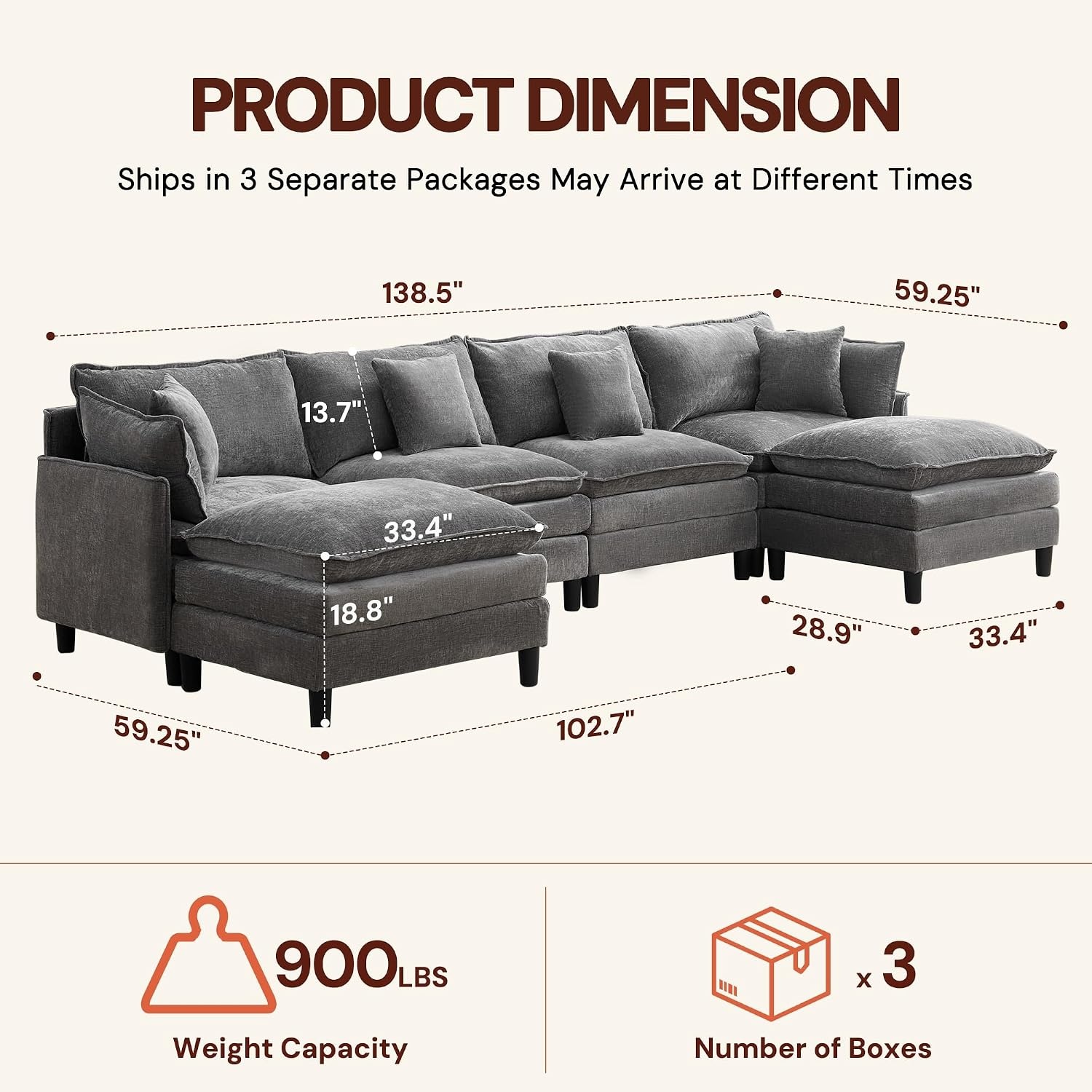 image:imageKorser 105 LShaped Modular Sectional Sofa 3Seater Cloud Couch with 1 Movable Ottoman Modern Chenille Sofa Set with Removable Washable Pillows for Living Room Bedroom ApartmentGrey
