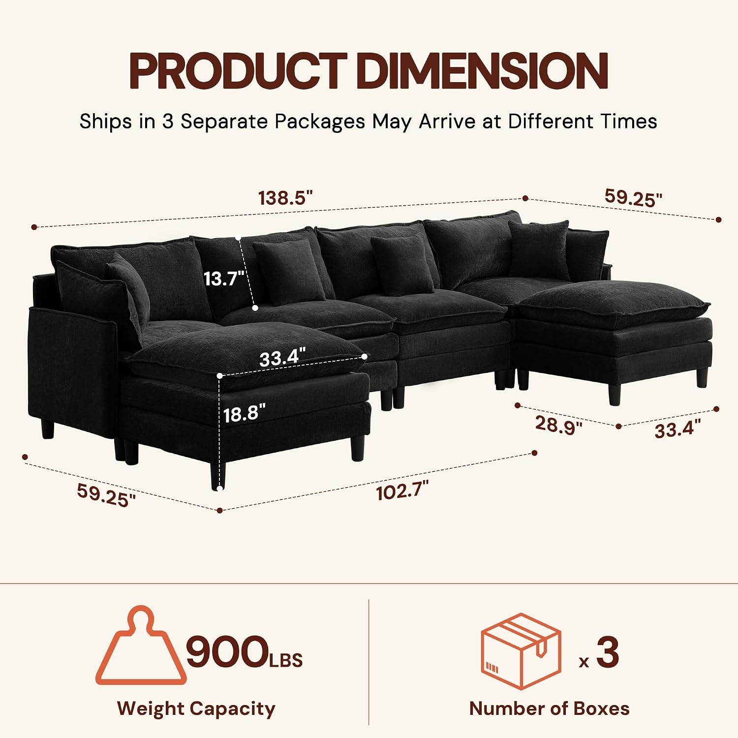 image:imageKorser 105 LShaped Modular Sectional Sofa 3Seater Cloud Couch with 1 Movable Ottoman Modern Chenille Sofa Set with Removable Washable Pillows for Living Room Bedroom ApartmentBlack