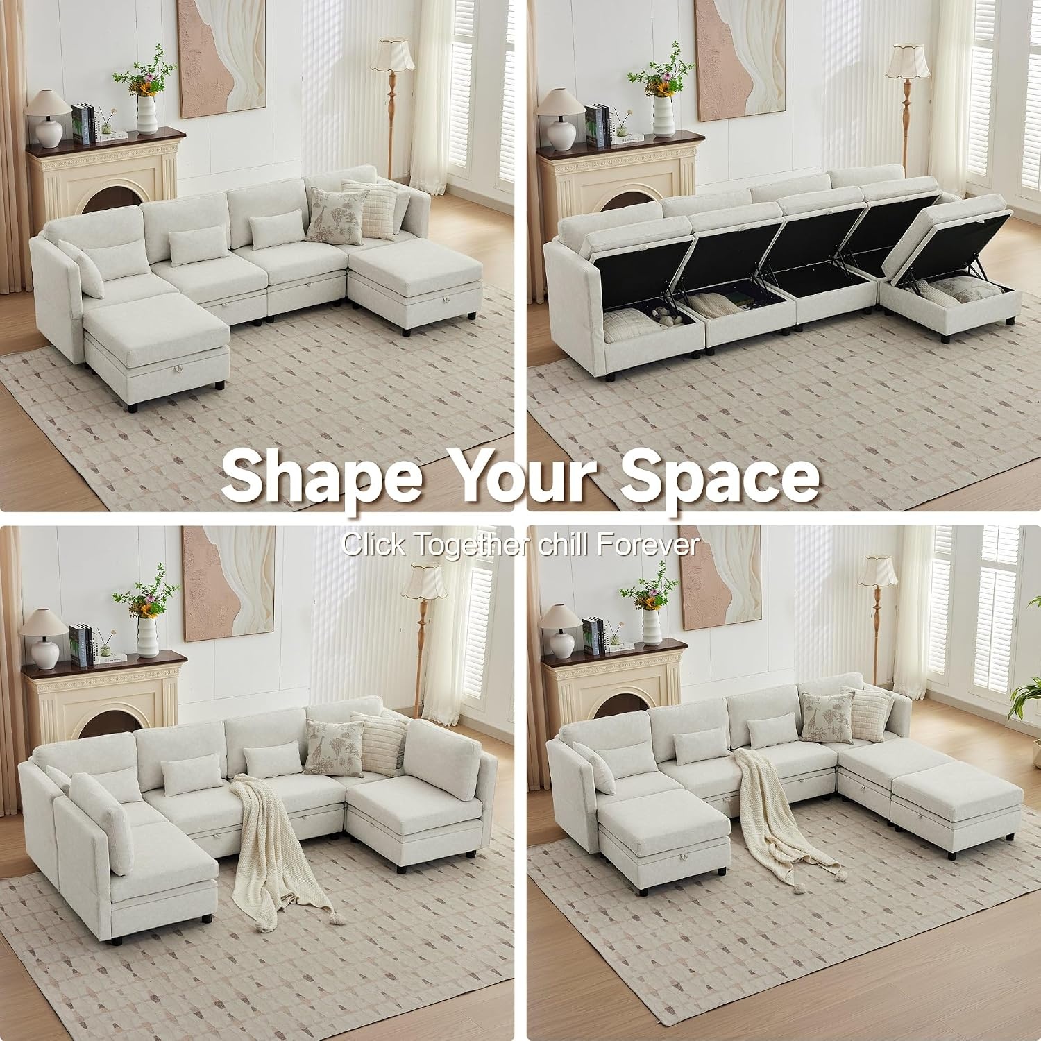 image:imageKorser 112 Modular Sectional Sofa with Storage Sectional Couches for Living Room Convertible Modular Sofa with Ottomans U Shaped Comfy Couch with Chaise Adjustable Backrest 6 Seats KhakiBeige