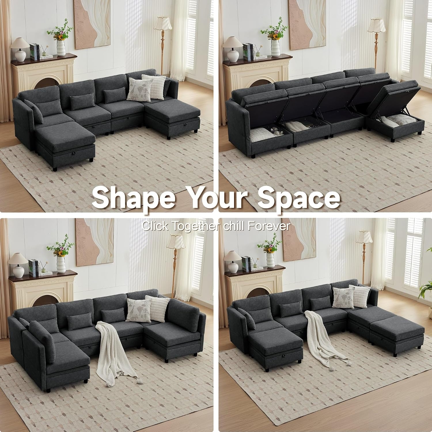 image:imageKorser 112 Modular Sectional Sofa with Storage Sectional Couches for Living Room Convertible Modular Sofa with Ottomans U Shaped Comfy Couch with Chaise Adjustable Backrest 6 Seats KhakiBlack