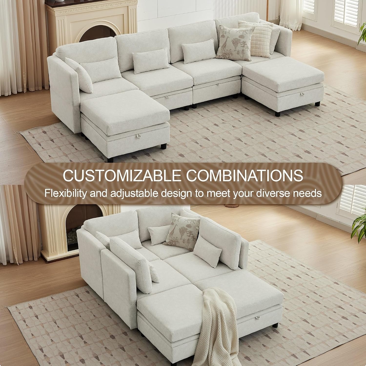 image:imageKorser 112 Modular Sectional Sofa with Storage Sectional Couches for Living Room Convertible Modular Sofa with Ottomans U Shaped Comfy Couch with Chaise Adjustable Backrest 6 Seats KhakiBeige
