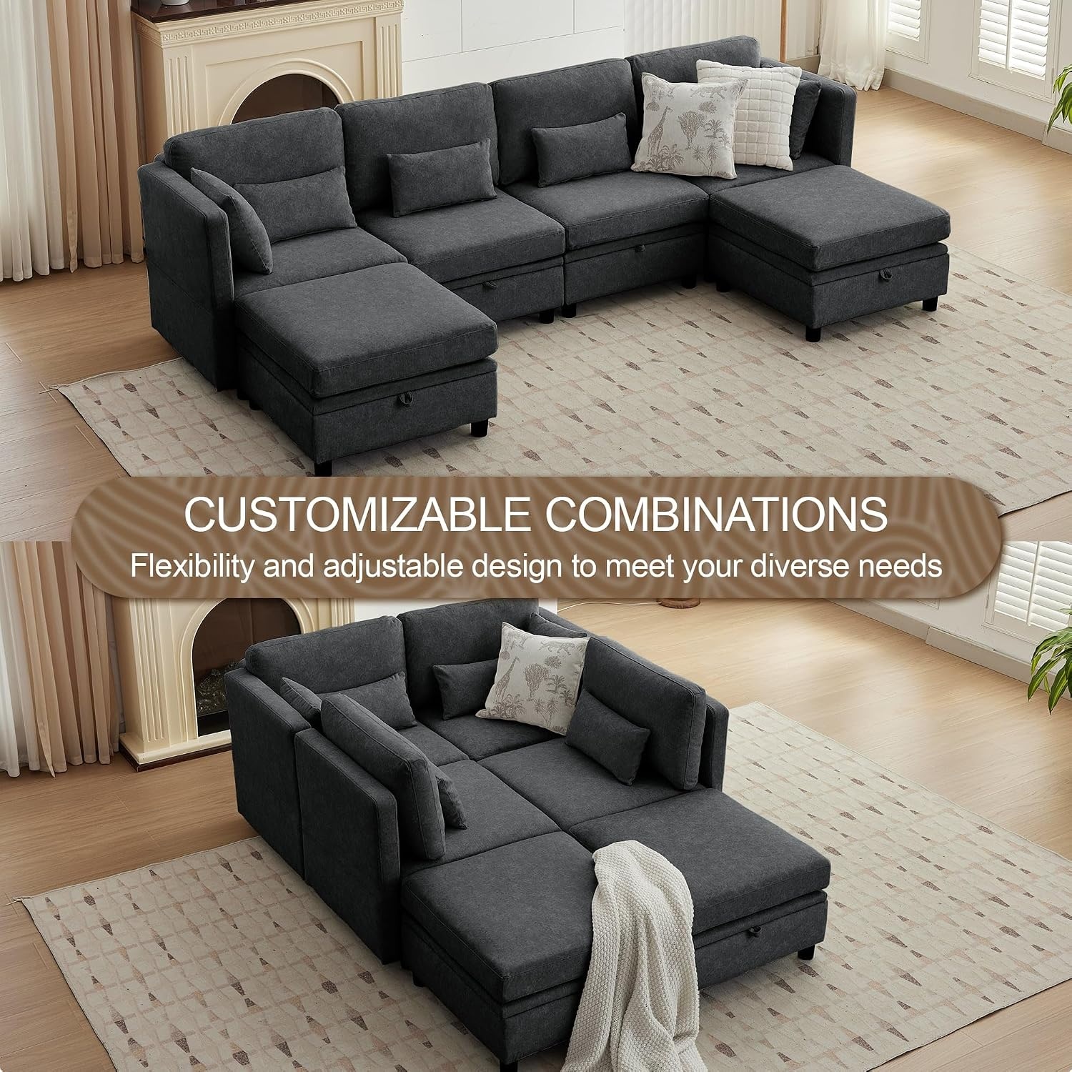 image:imageKorser 112 Modular Sectional Sofa with Storage Sectional Couches for Living Room Convertible Modular Sofa with Ottomans U Shaped Comfy Couch with Chaise Adjustable Backrest 6 Seats KhakiBlack