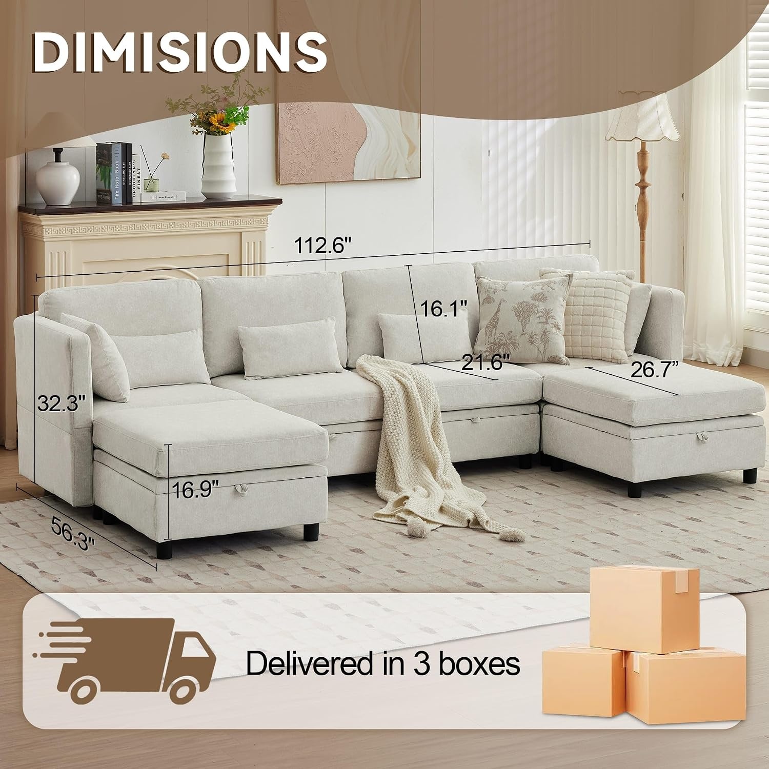image:imageKorser 112 Modular Sectional Sofa with Storage Sectional Couches for Living Room Convertible Modular Sofa with Ottomans U Shaped Comfy Couch with Chaise Adjustable Backrest 6 Seats KhakiBeige