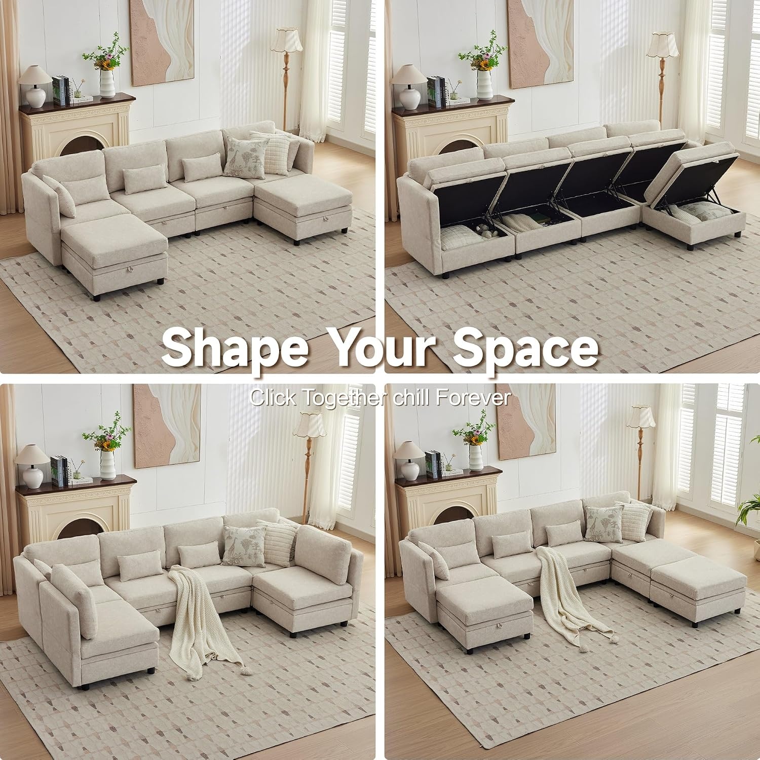 image:imageKorser 112 Modular Sectional Sofa with Storage Sectional Couches for Living Room Convertible Modular Sofa with Ottomans U Shaped Comfy Couch with Chaise Adjustable Backrest 6 Seats KhakiKhaki