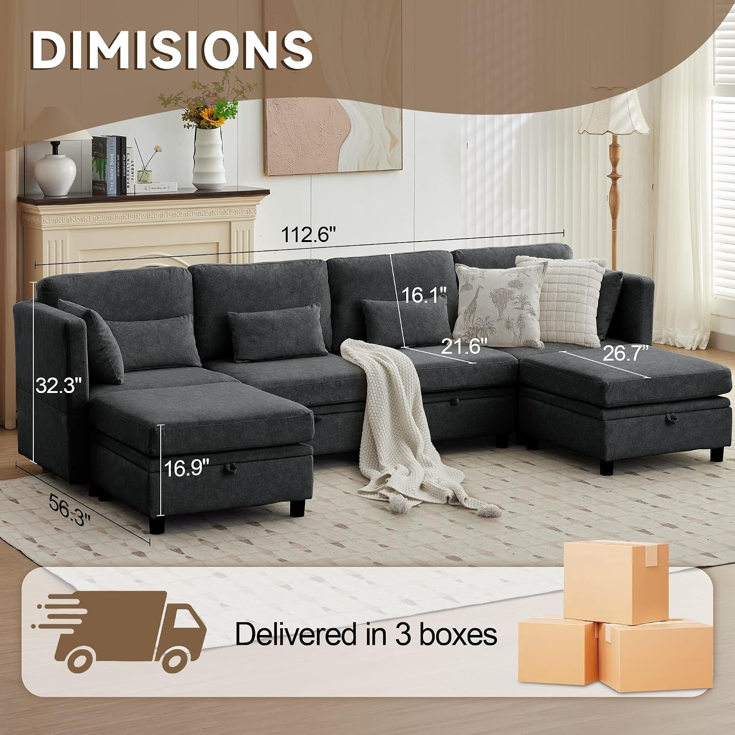 image:imageKorser 112 Modular Sectional Sofa with Storage Sectional Couches for Living Room Convertible Modular Sofa with Ottomans U Shaped Comfy Couch with Chaise Adjustable Backrest 6 Seats KhakiBlack