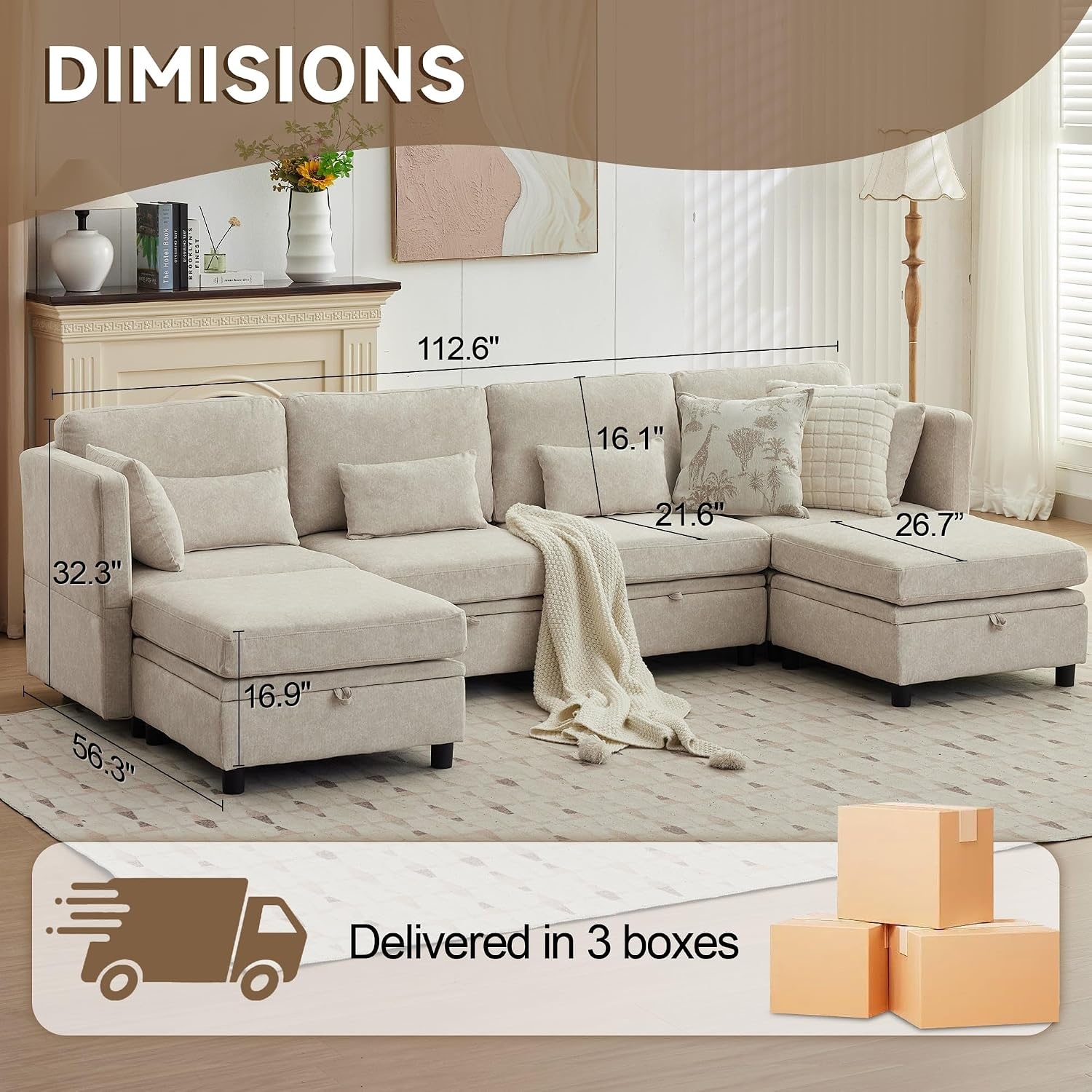 image:imageKorser 112 Modular Sectional Sofa with Storage Sectional Couches for Living Room Convertible Modular Sofa with Ottomans U Shaped Comfy Couch with Chaise Adjustable Backrest 6 Seats KhakiKhaki