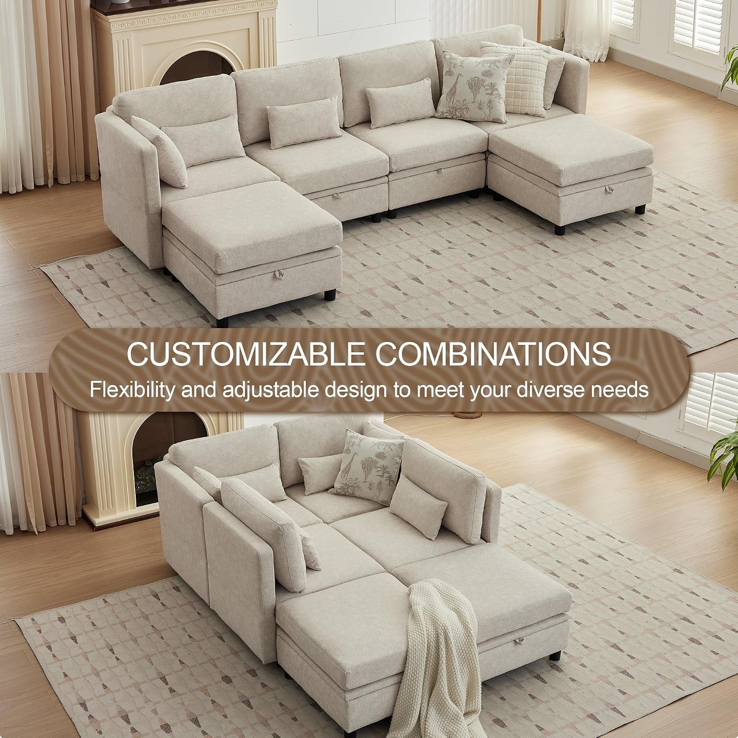 image:imageKorser 112 Modular Sectional Sofa with Storage Sectional Couches for Living Room Convertible Modular Sofa with Ottomans U Shaped Comfy Couch with Chaise Adjustable Backrest 6 Seats KhakiKhaki