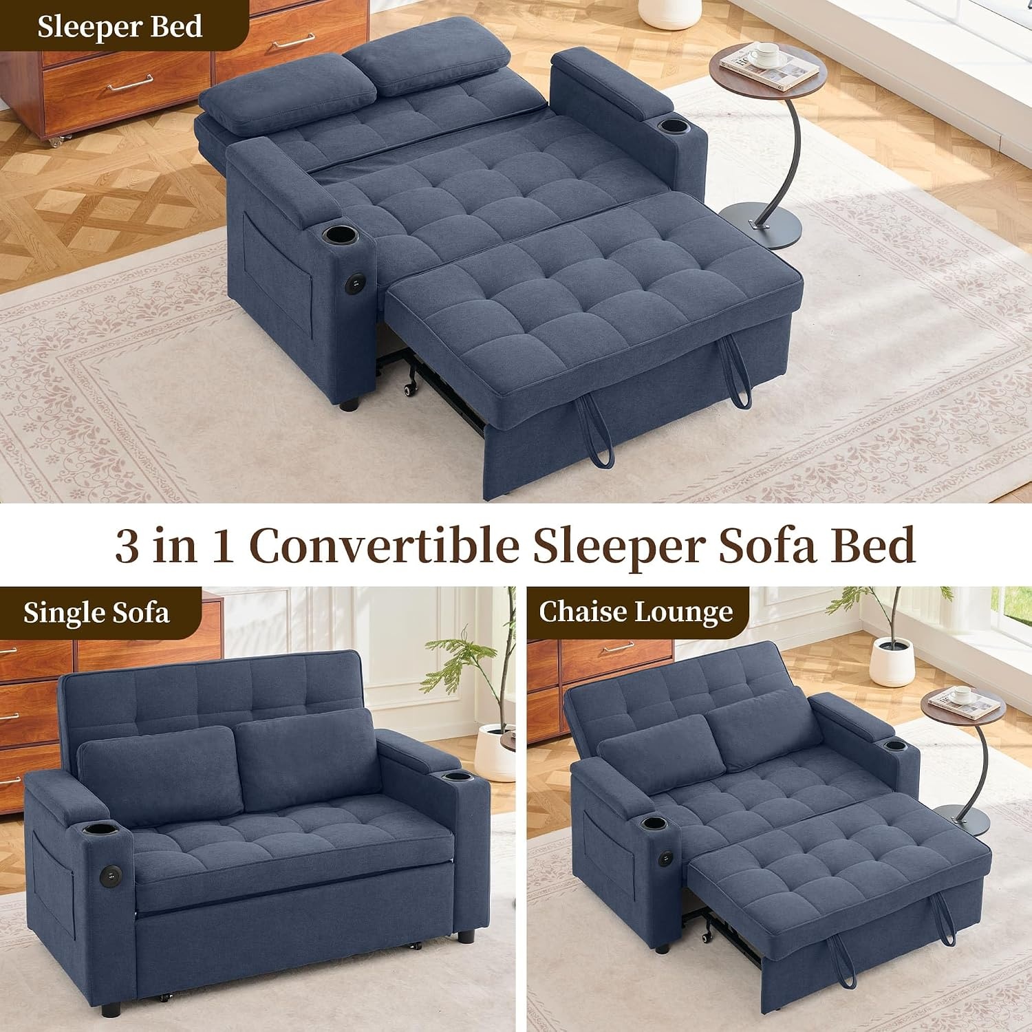image:imageKorser 555 3in1 Convertible Sofa Bed Pull Out Couch with 5Position Adjustable Backrest Loveseat Sleeper Sofa for Small Spaces Sofa Couch with Cup Holders for Living Room Office ChenilleDark Blue