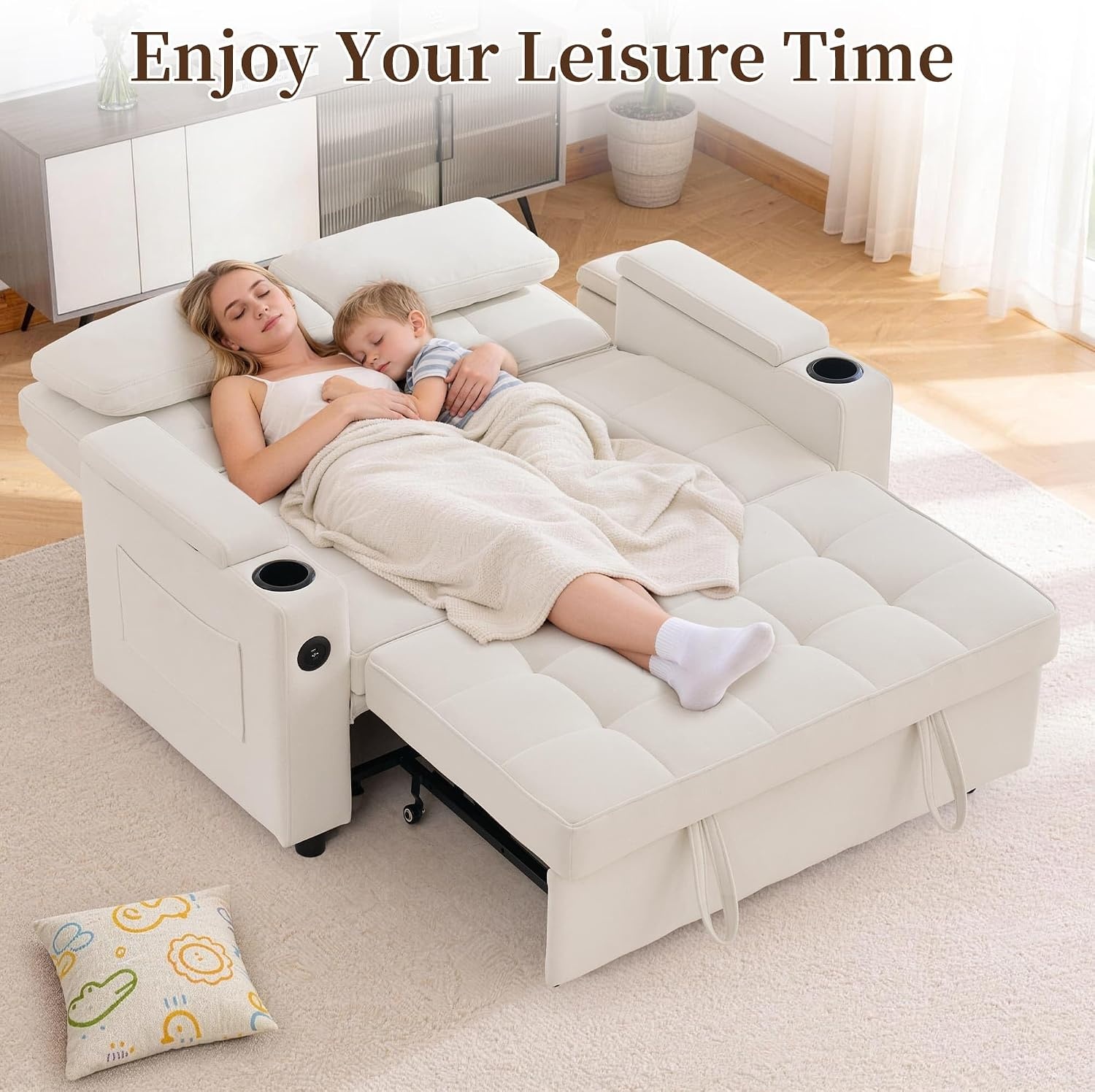 image:imageKorser 555 3in1 Convertible Sofa Bed Pull Out Couch with 5Position Adjustable Backrest Loveseat Sleeper Sofa for Small Spaces Sofa Couch with Cup Holders for Living Room Office ChenilleBeige