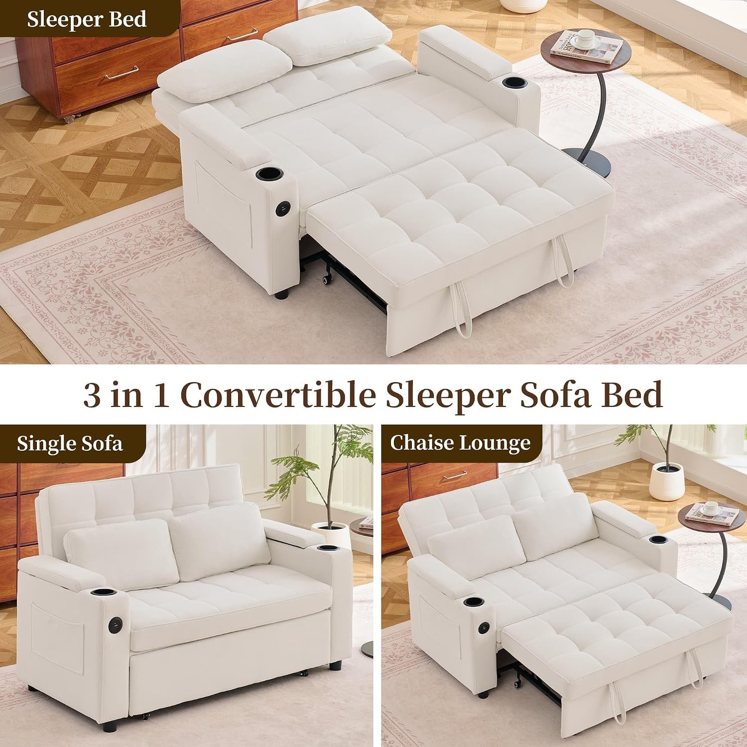 image:imageKorser 555 3in1 Convertible Sofa Bed Pull Out Couch with 5Position Adjustable Backrest Loveseat Sleeper Sofa for Small Spaces Sofa Couch with Cup Holders for Living Room Office ChenilleBeige