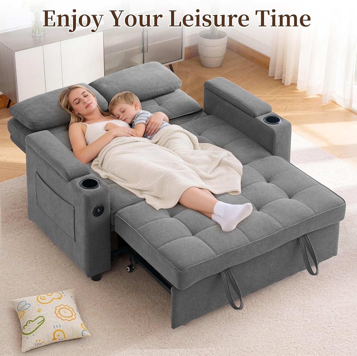 image:imageKorser 555 3in1 Convertible Sofa Bed Pull Out Couch with 5Position Adjustable Backrest Loveseat Sleeper Sofa for Small Spaces Sofa Couch with Cup Holders for Living Room Office ChenilleDark Grey