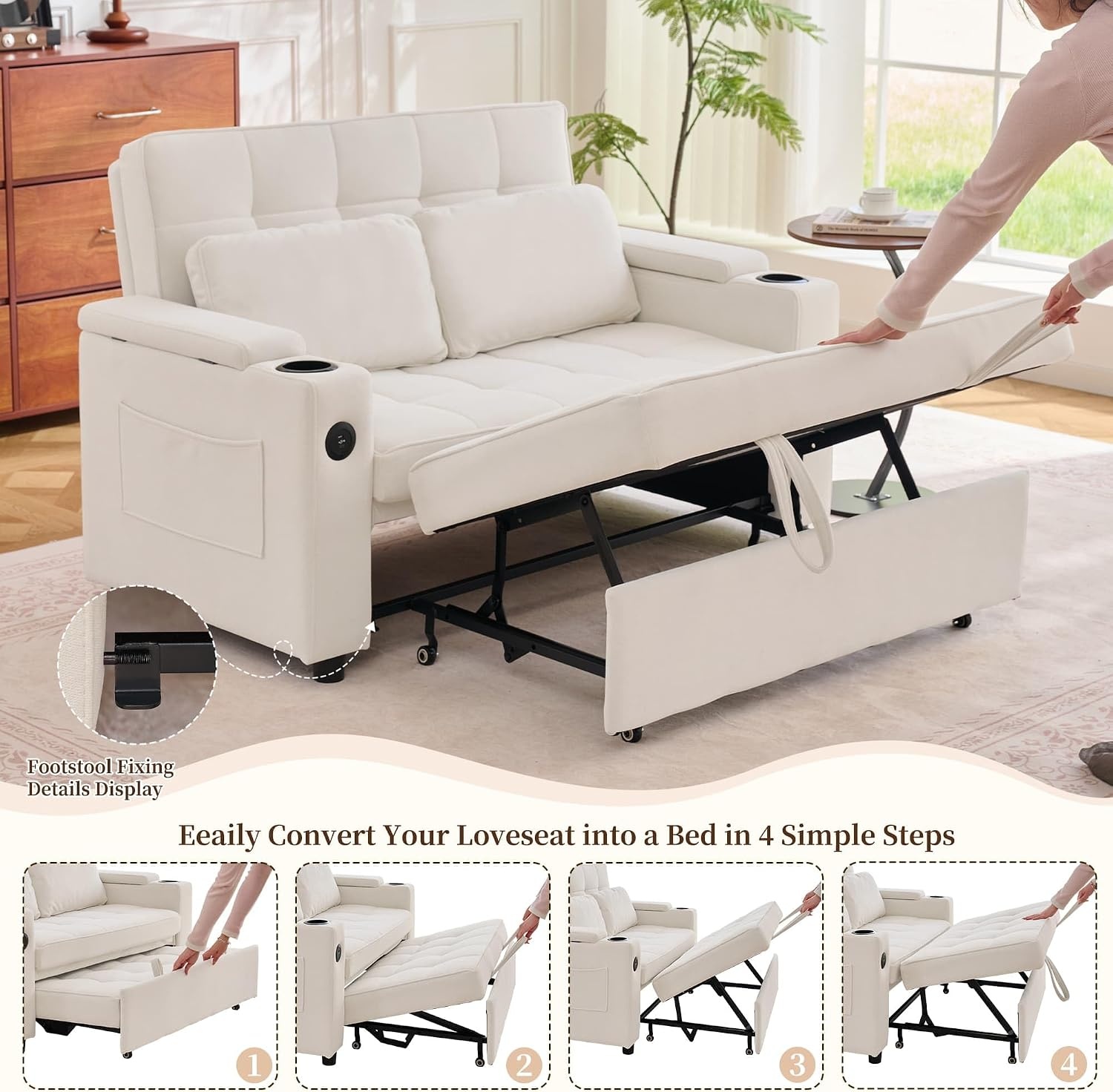 image:imageKorser 555 3in1 Convertible Sofa Bed Pull Out Couch with 5Position Adjustable Backrest Loveseat Sleeper Sofa for Small Spaces Sofa Couch with Cup Holders for Living Room Office ChenilleBeige