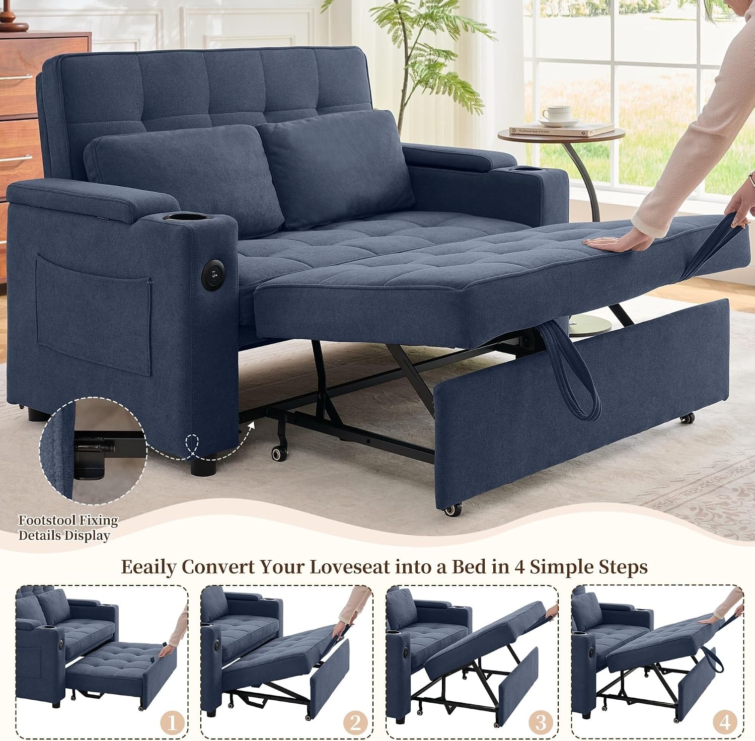 image:imageKorser 555 3in1 Convertible Sofa Bed Pull Out Couch with 5Position Adjustable Backrest Loveseat Sleeper Sofa for Small Spaces Sofa Couch with Cup Holders for Living Room Office ChenilleDark Blue