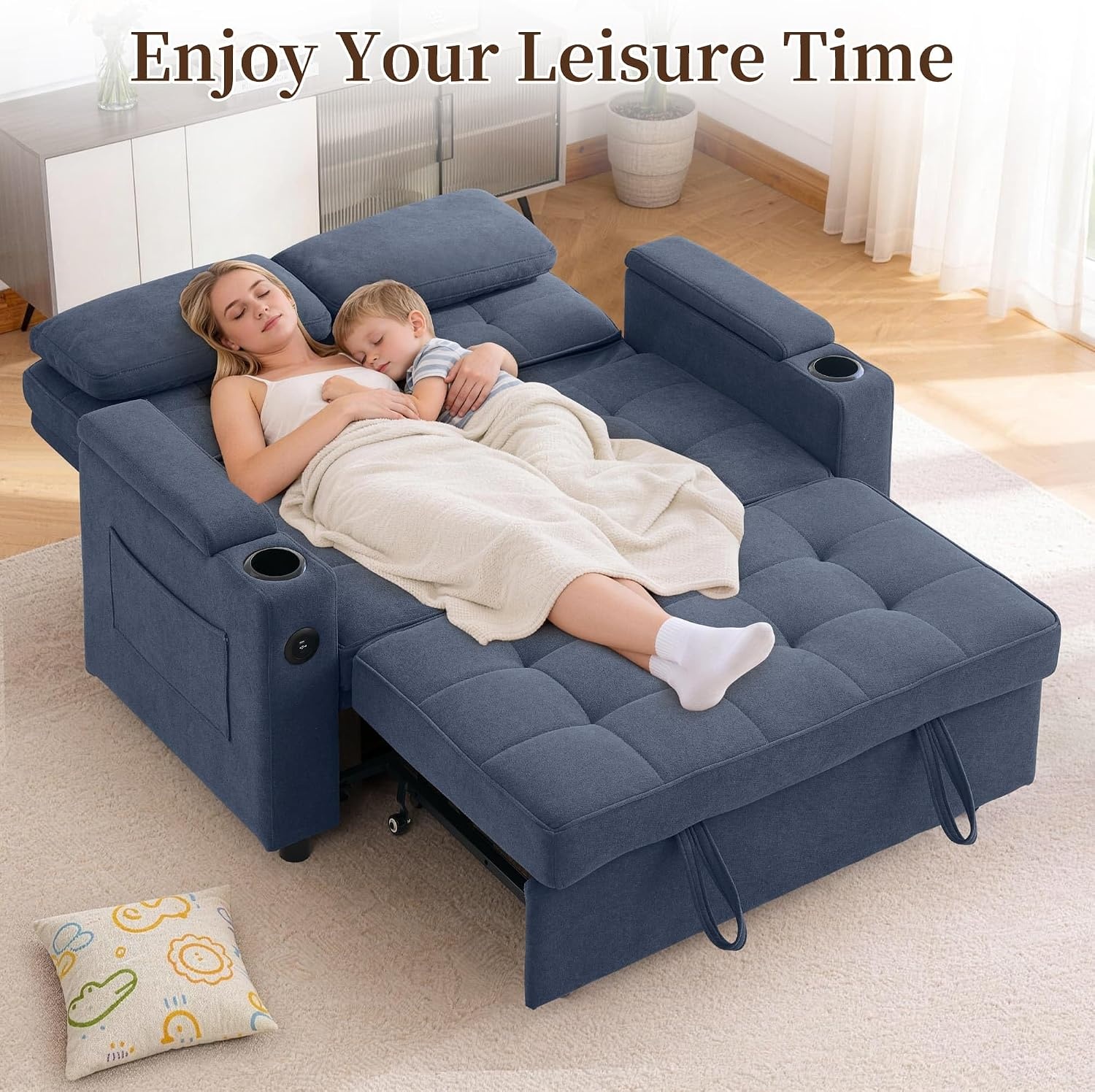 image:imageKorser 555 3in1 Convertible Sofa Bed Pull Out Couch with 5Position Adjustable Backrest Loveseat Sleeper Sofa for Small Spaces Sofa Couch with Cup Holders for Living Room Office ChenilleDark Blue