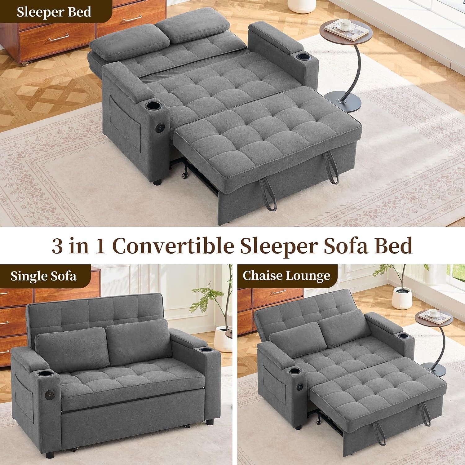 image:imageKorser 555 3in1 Convertible Sofa Bed Pull Out Couch with 5Position Adjustable Backrest Loveseat Sleeper Sofa for Small Spaces Sofa Couch with Cup Holders for Living Room Office ChenilleDark Grey