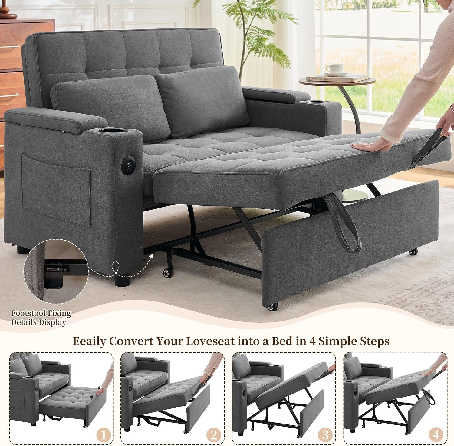 image:imageKorser 555 3in1 Convertible Sofa Bed Pull Out Couch with 5Position Adjustable Backrest Loveseat Sleeper Sofa for Small Spaces Sofa Couch with Cup Holders for Living Room Office ChenilleDark Grey