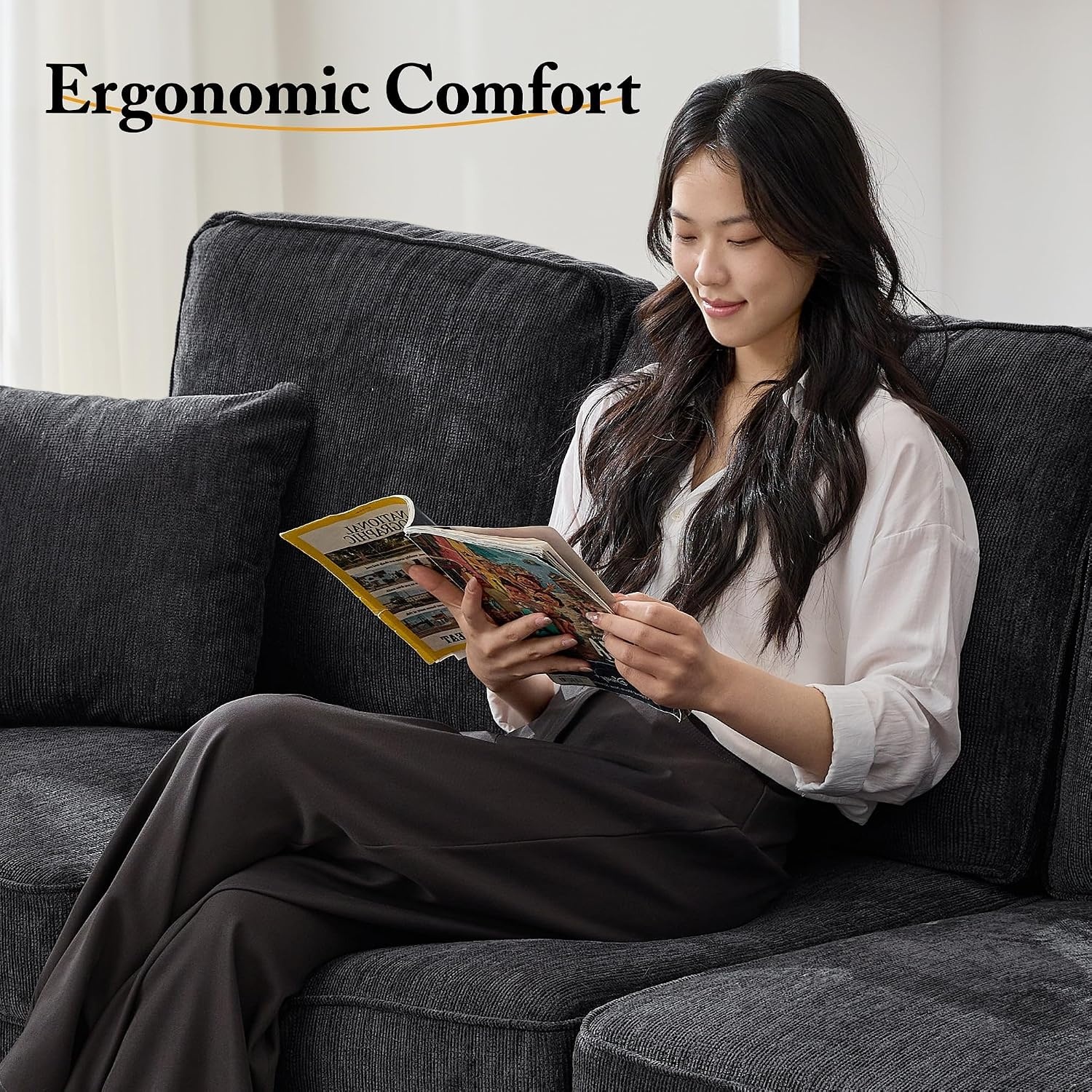 image:imageKorser 89 Couches for Living Room with Deep Seats 3 Seater Sofa Couch Mid Century Modern Chenille Sofa with Armrests Upholstered Comfy Sofas for Living Room Bedroom Apartment Office GreyGrey