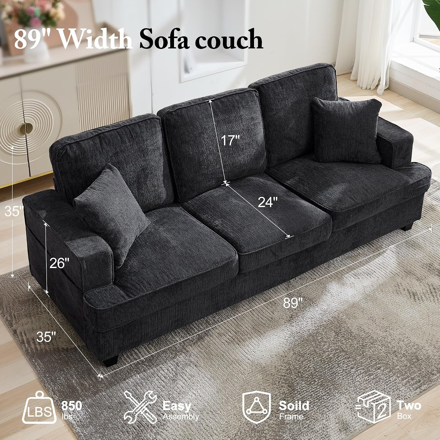 image:imageKorser 89 Couches for Living Room with Deep Seats 3 Seater Sofa Couch Mid Century Modern Chenille Sofa with Armrests Upholstered Comfy Sofas for Living Room Bedroom Apartment Office GreyGrey