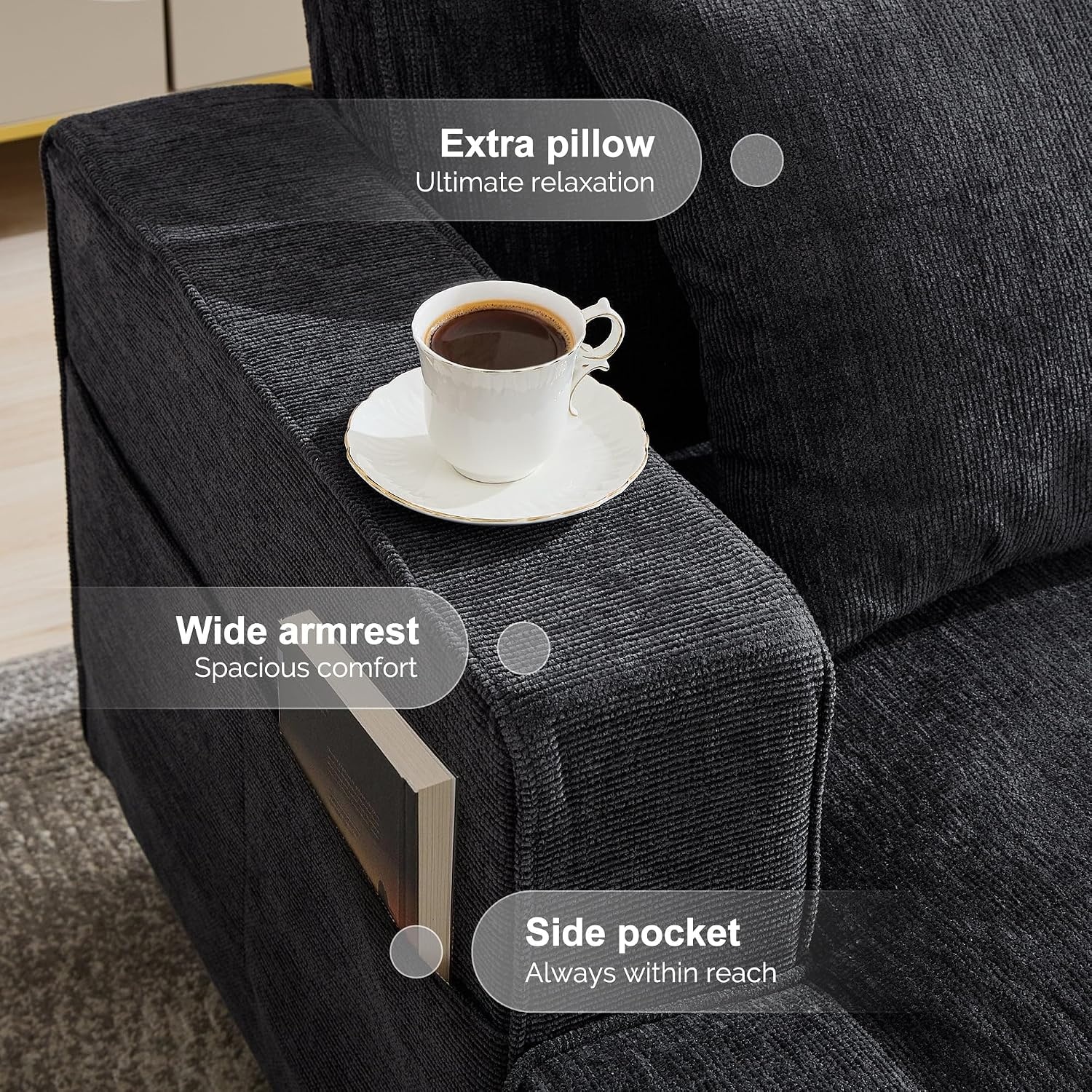 image:imageKorser 89 Couches for Living Room with Deep Seats 3 Seater Sofa Couch Mid Century Modern Chenille Sofa with Armrests Upholstered Comfy Sofas for Living Room Bedroom Apartment Office GreyGrey