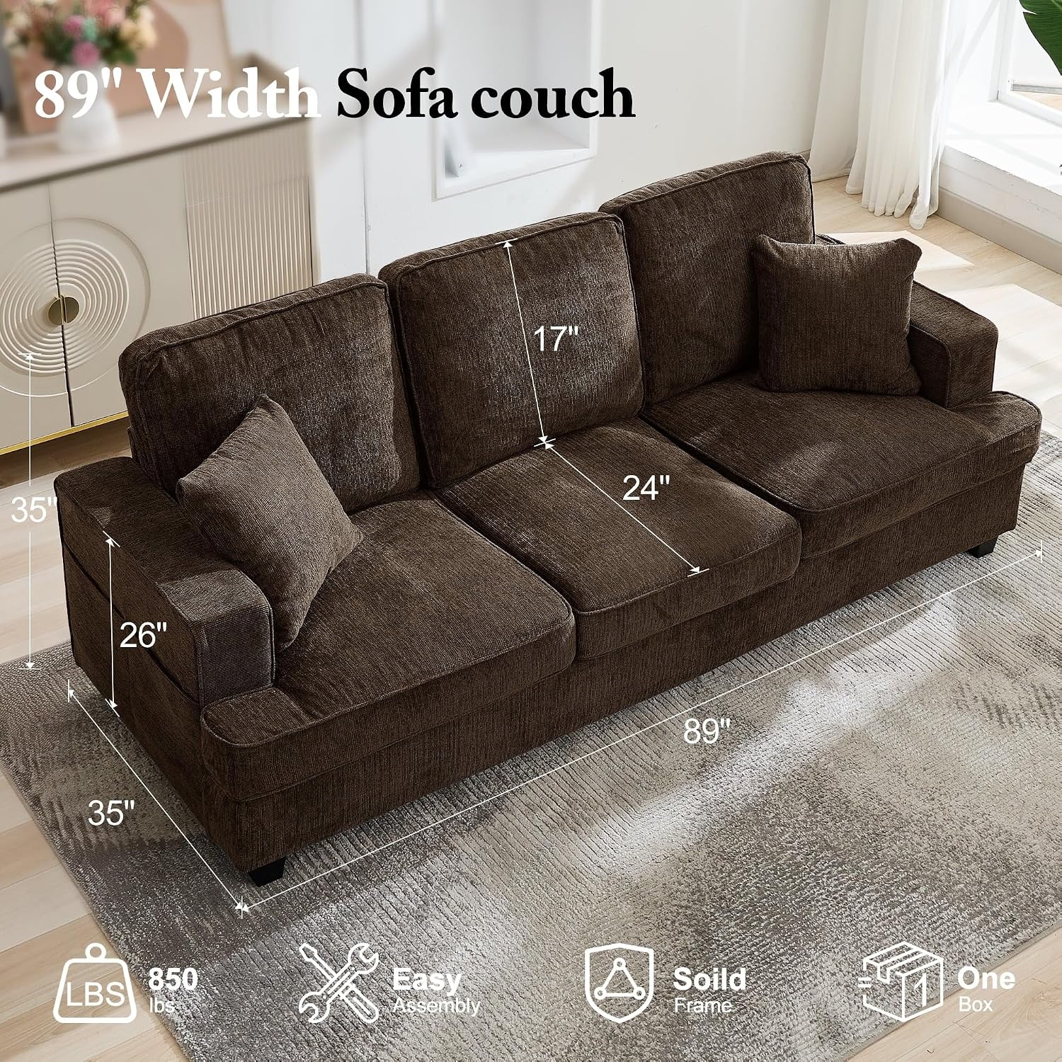 image:imageKorser 89 Couches for Living Room with Deep Seats 3 Seater Sofa Couch Mid Century Modern Chenille Sofa with Armrests Upholstered Comfy Sofas for Living Room Bedroom Office Apartment BrownBrown