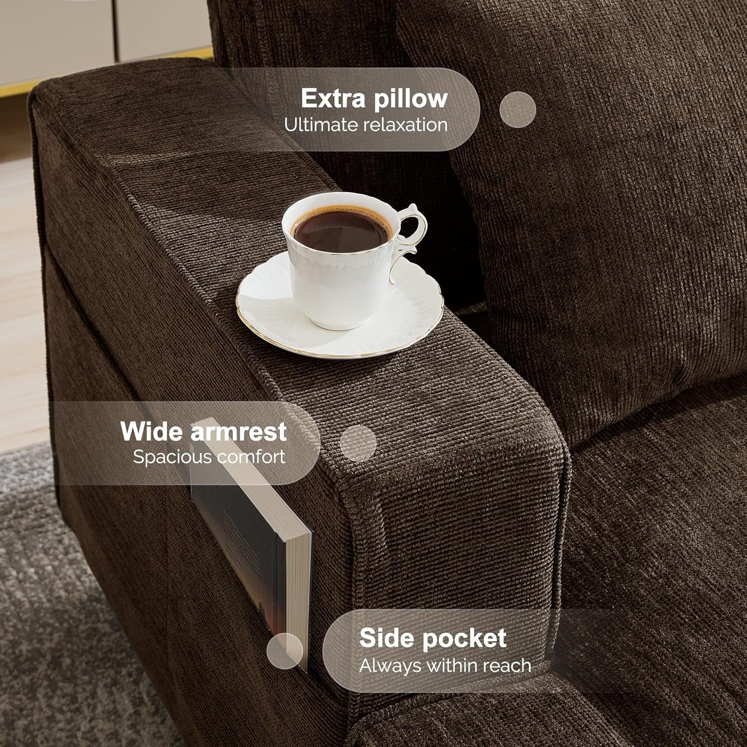 image:imageKorser 89 Couches for Living Room with Deep Seats 3 Seater Sofa Couch Mid Century Modern Chenille Sofa with Armrests Upholstered Comfy Sofas for Living Room Bedroom Office Apartment BrownBrown