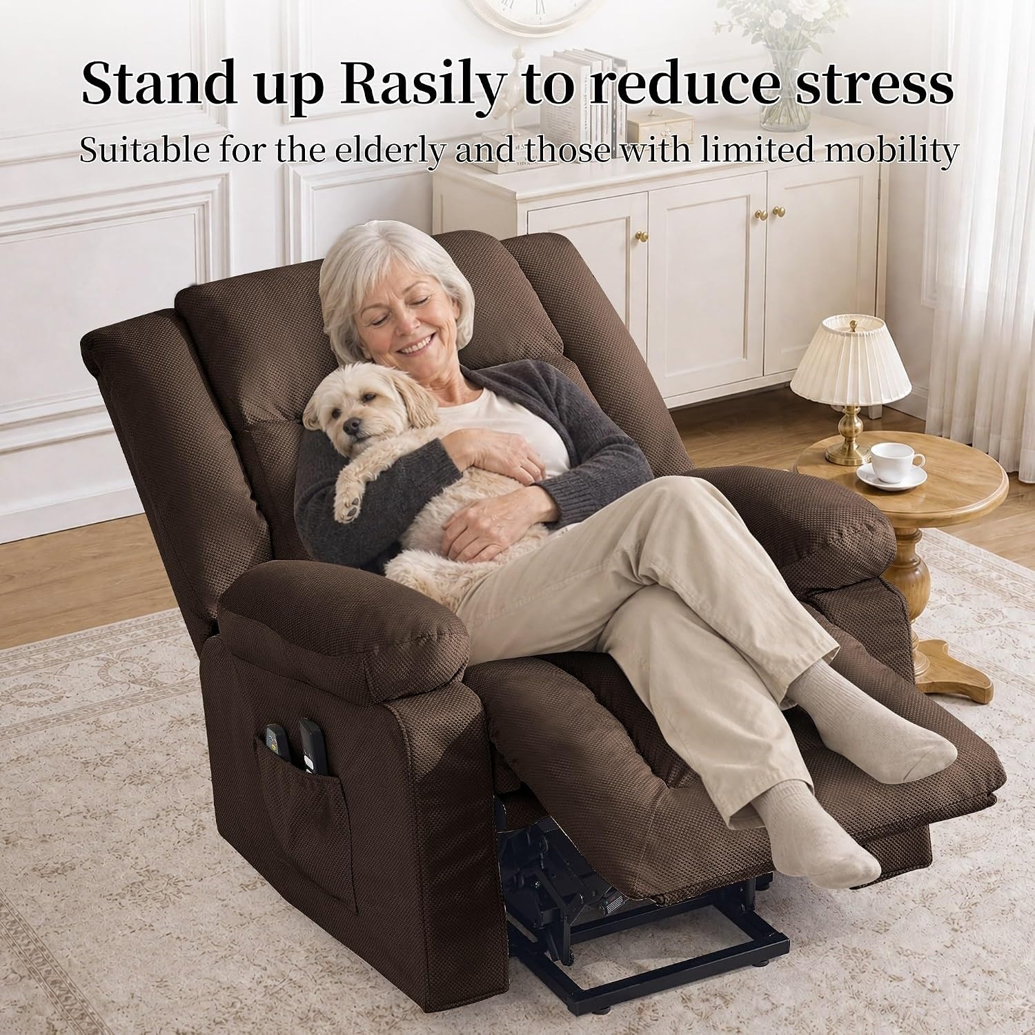 image:imageKorser Dual Motor Power Lift Recliner Chair for Elderly with Massage and Heat Oversized Electric Recliner with Side Pockets Living Room Waffle GreyBrown
