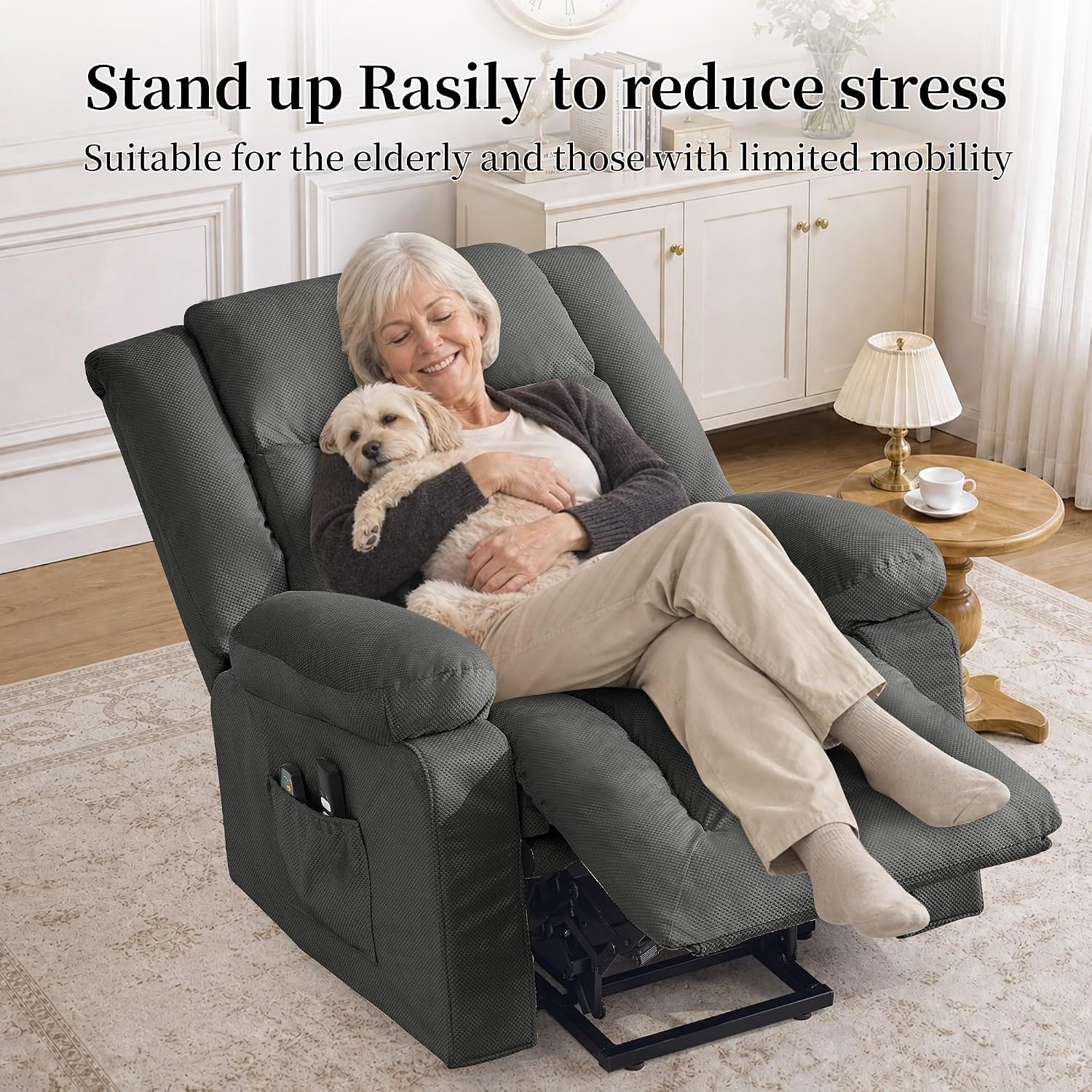 image:imageKorser Dual Motor Power Lift Recliner Chair for Elderly with Massage and Heat Oversized Electric Recliner with Side Pockets Living Room Waffle GreyGrey1