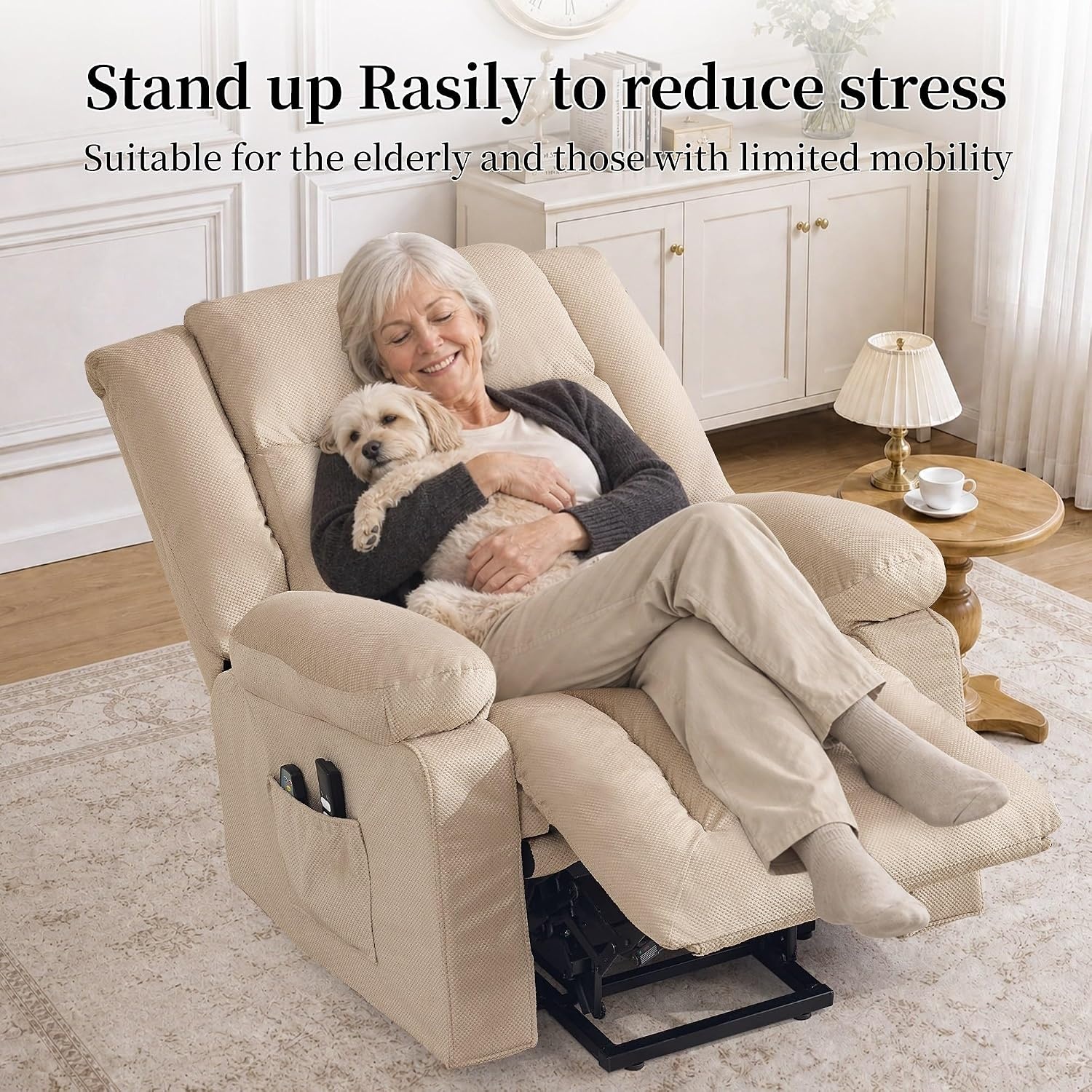 image:imageKorser Dual Motor Power Lift Recliner Chair for Elderly with Massage and Heat Oversized Electric Recliner with Side Pockets Living Room Waffle GreyKhaki