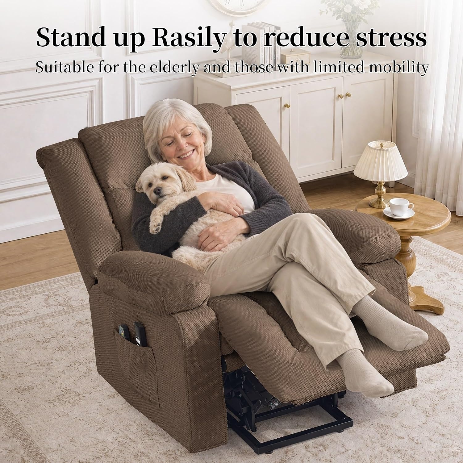 image:imageKorser Dual Motor Power Lift Recliner Chair for Elderly with Massage and Heat Oversized Electric Recliner with Side Pockets Living Room Waffle GreyLightbrown