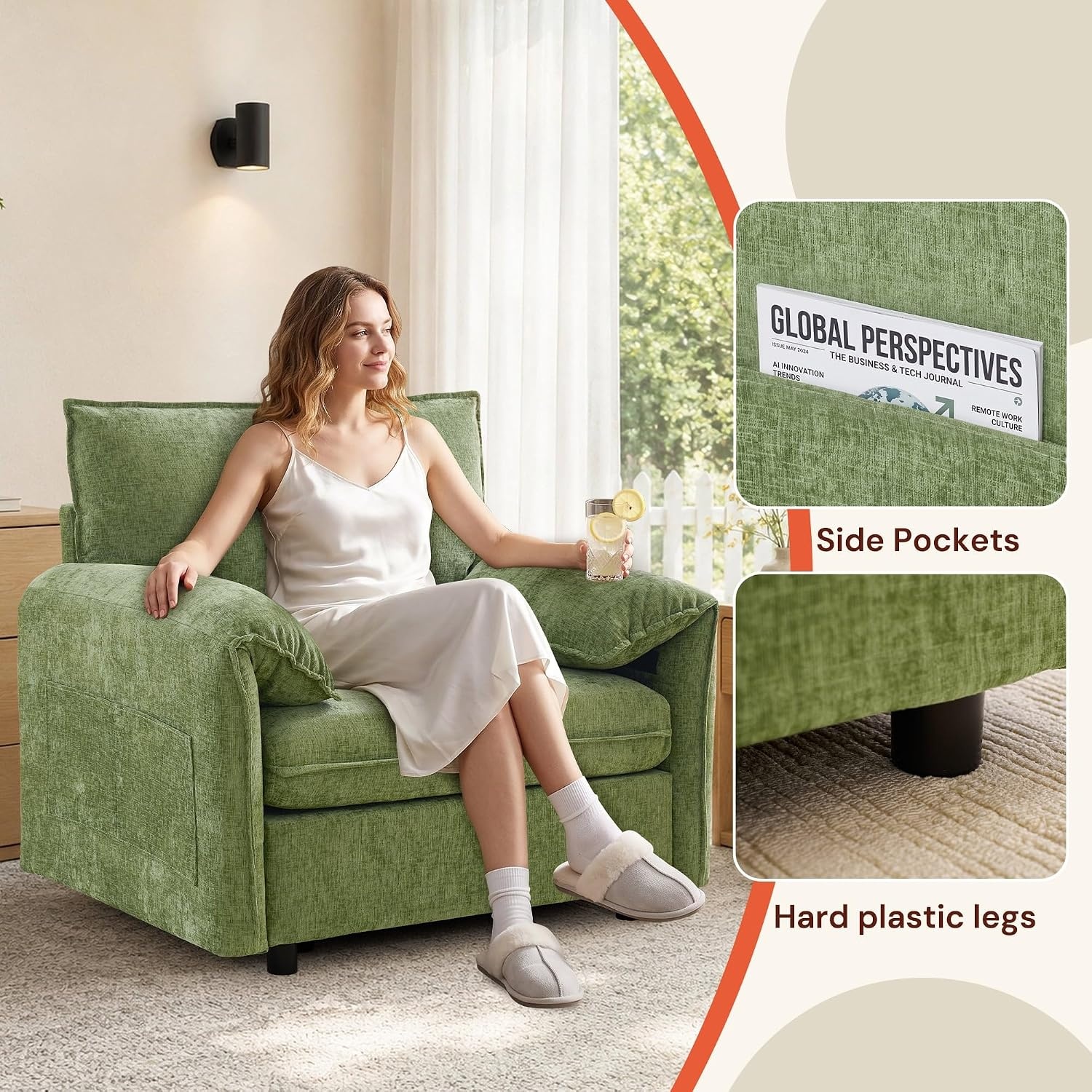 image:imageKorser Oversized Accent Chair 393 Wide Arm Chairs for Living Room amp Bedroom Modern Lounge Chair Upholstered MidCentury Reading Chair Comfy Living Room Chair Single Sofa Chair Chenille BeigeGreen