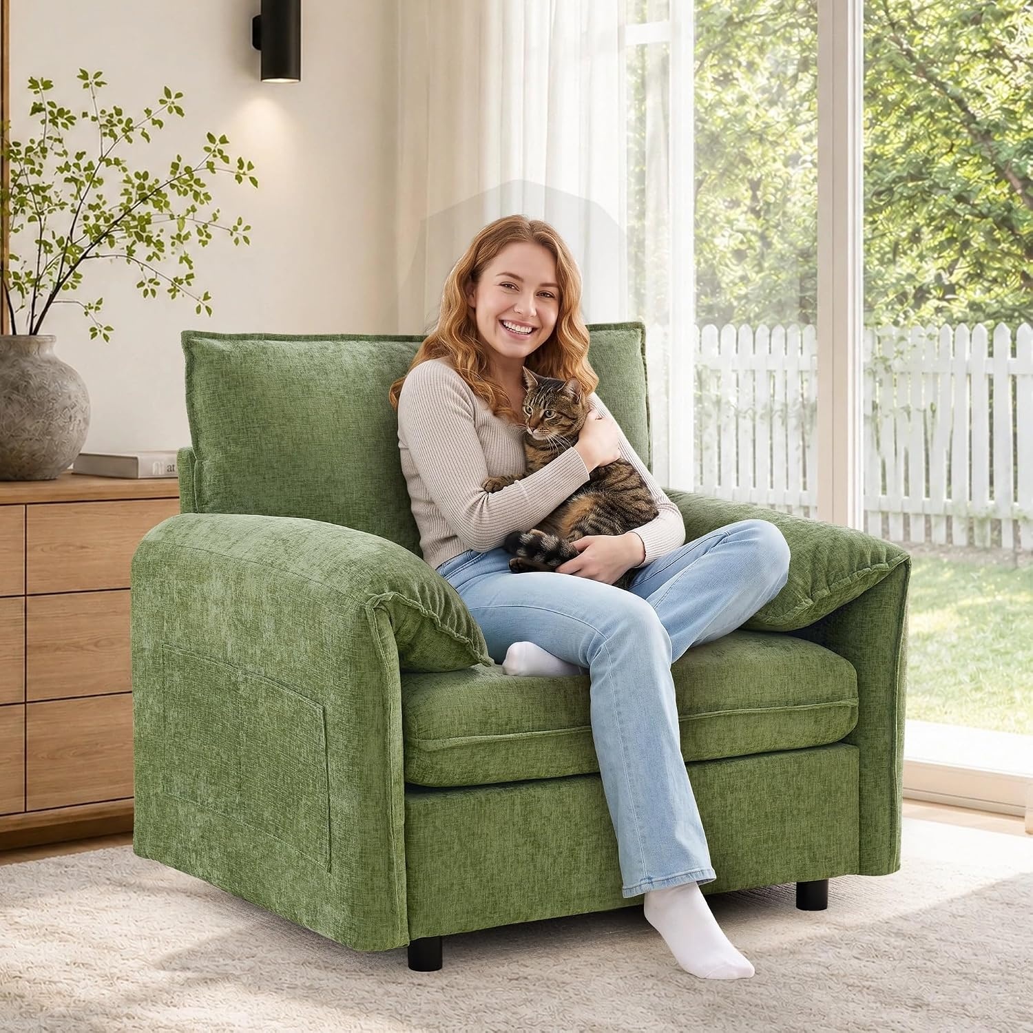 image:imageKorser Oversized Accent Chair 393 Wide Arm Chairs for Living Room amp Bedroom Modern Lounge Chair Upholstered MidCentury Reading Chair Comfy Living Room Chair Single Sofa Chair Chenille BeigeGreen