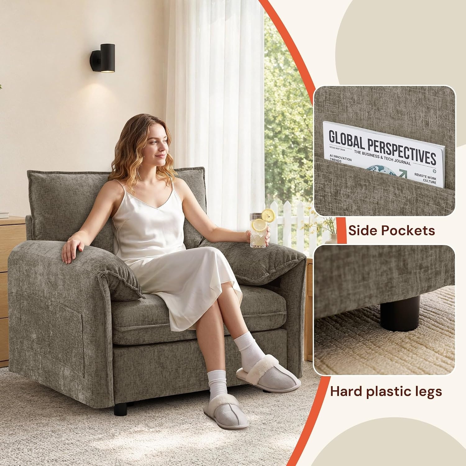 image:imageKorser Oversized Accent Chair 393 Wide Arm Chairs for Living Room amp Bedroom Modern Lounge Chair Upholstered MidCentury Reading Chair Comfy Living Room Chair Single Sofa Chair Chenille BeigeBrown1