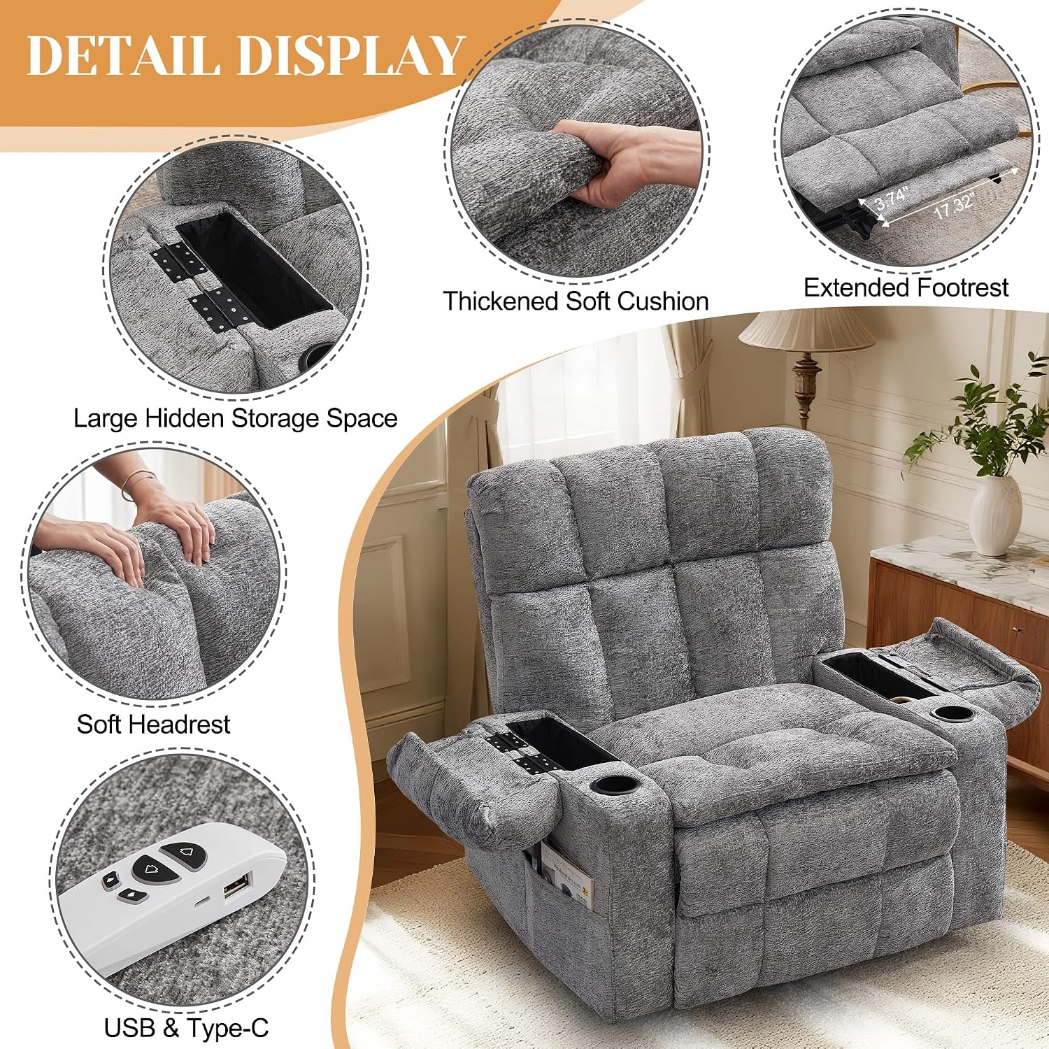 image:imageKorser Oversized Dual Motor Power Lift Recliner Chair for Elderly with Massage amp Heat Extra Wide Lift Chair with Adjustable Headrest Electric Recliner with Storebox Cupholder USB Type C Grey