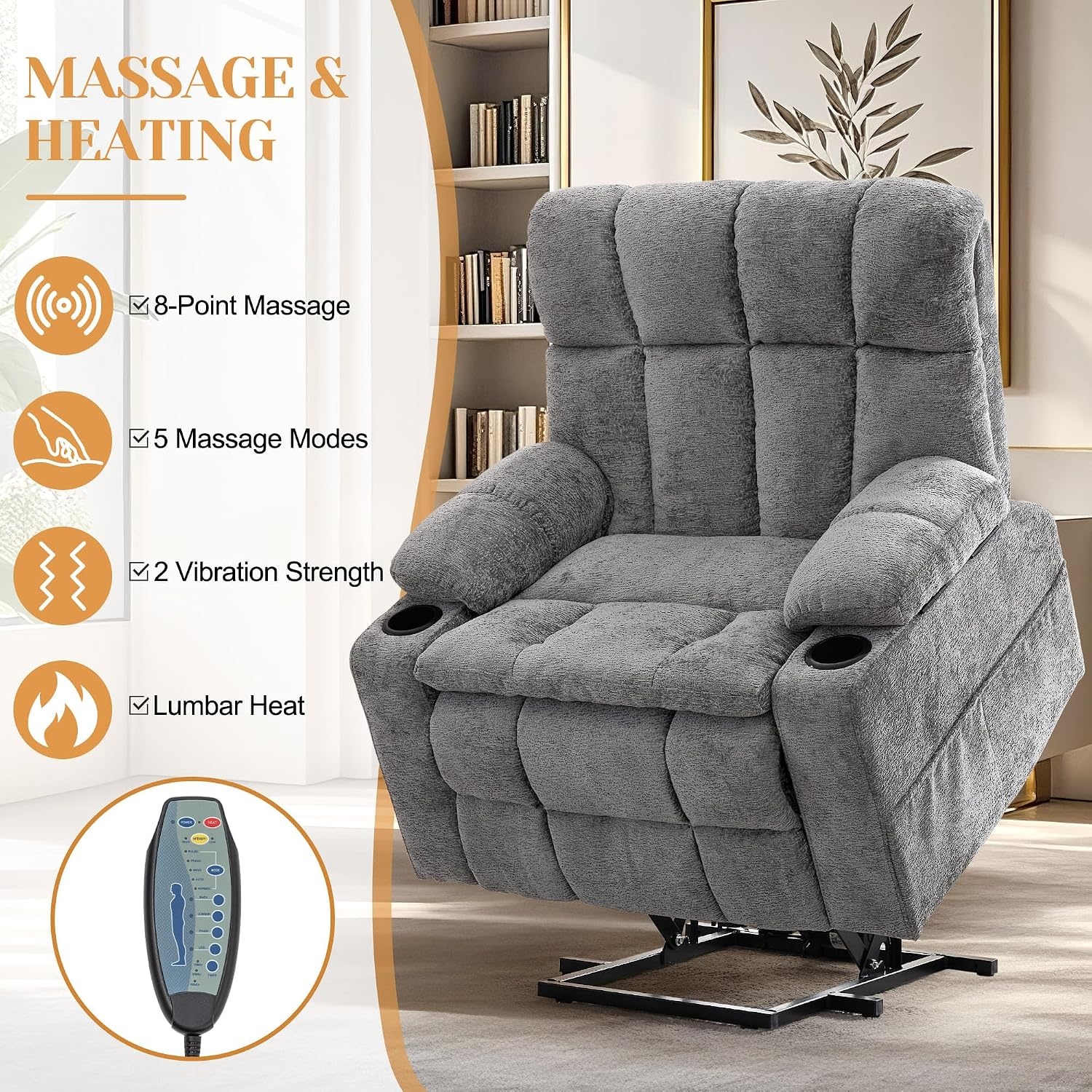 image:imageKorser Oversized Dual Motor Power Lift Recliner Chair for Elderly with Massage amp Heat Extra Wide Lift Chair with Adjustable Headrest Electric Recliner with Storebox Cupholder USB Type C Grey