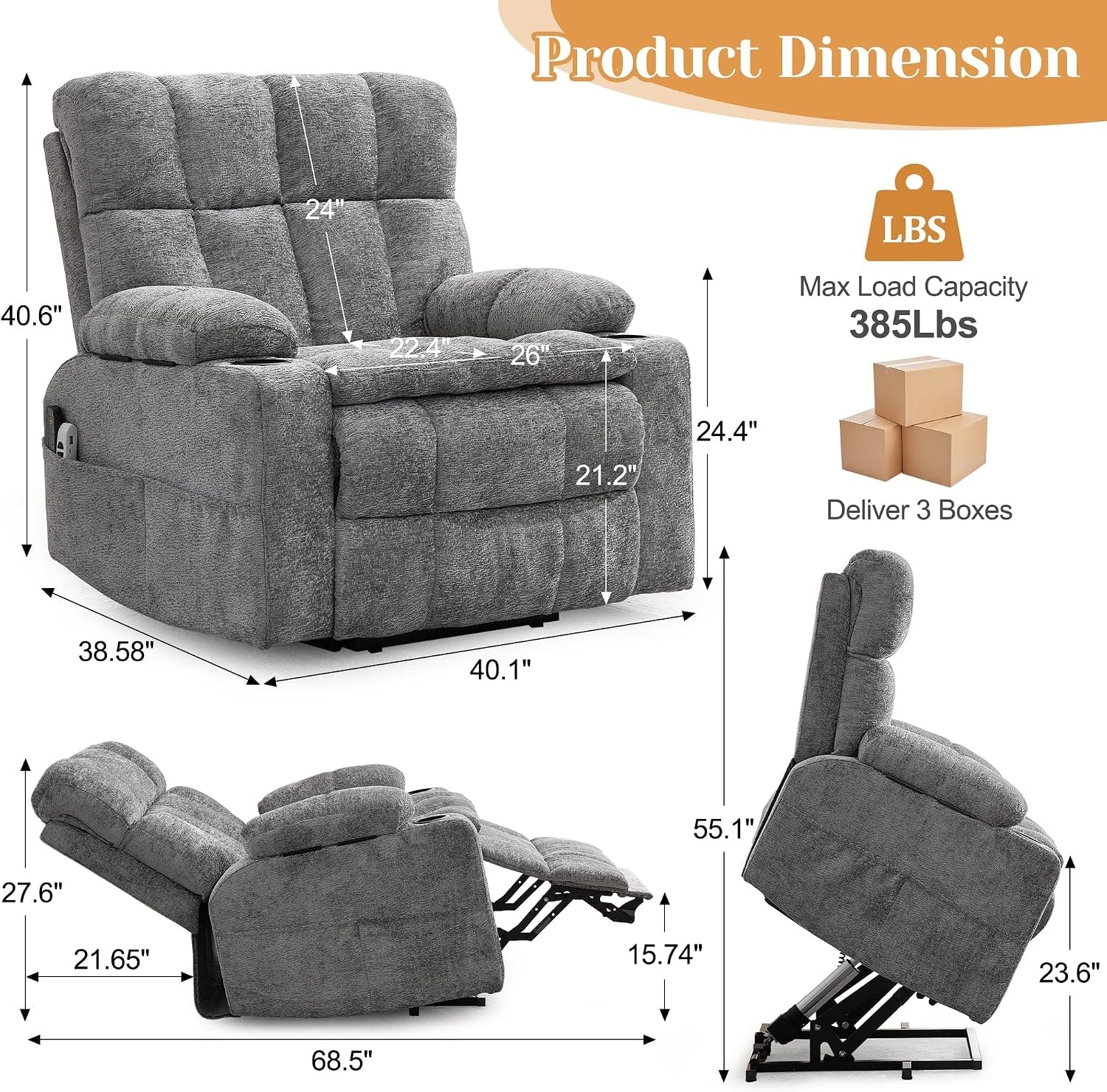 image:imageKorser Oversized Dual Motor Power Lift Recliner Chair for Elderly with Massage amp Heat Extra Wide Lift Chair with Adjustable Headrest Electric Recliner with Storebox Cupholder USB Type C Grey