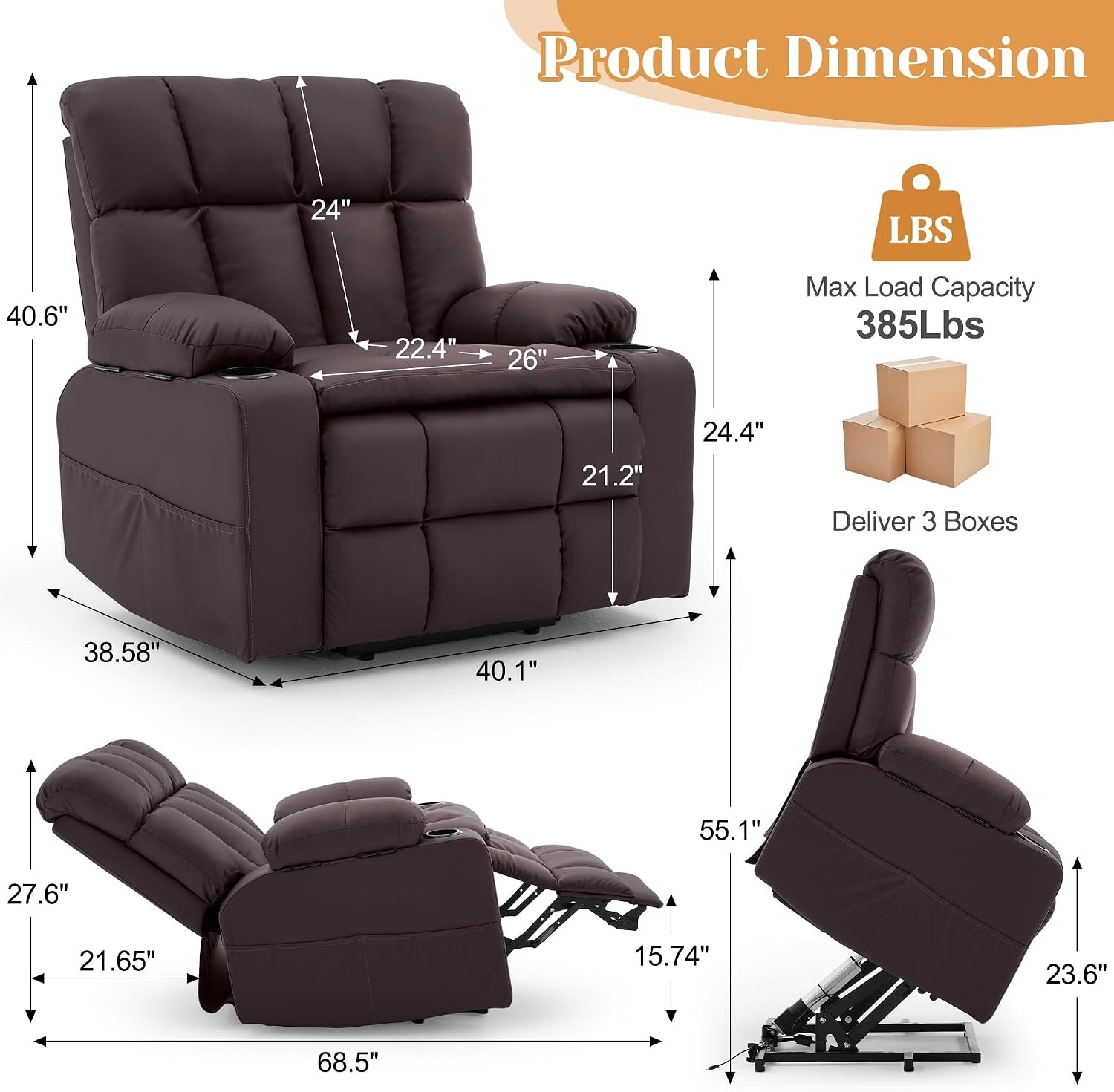 image:imageKorser Oversized Dual Motor Power Lift Recliner for Elderly with Massage and Heat Extra Wide Electric Recliner with Adjustable Headrest Lift Chair with Storebox Cupholder USB Ports Type C BlackBrown
