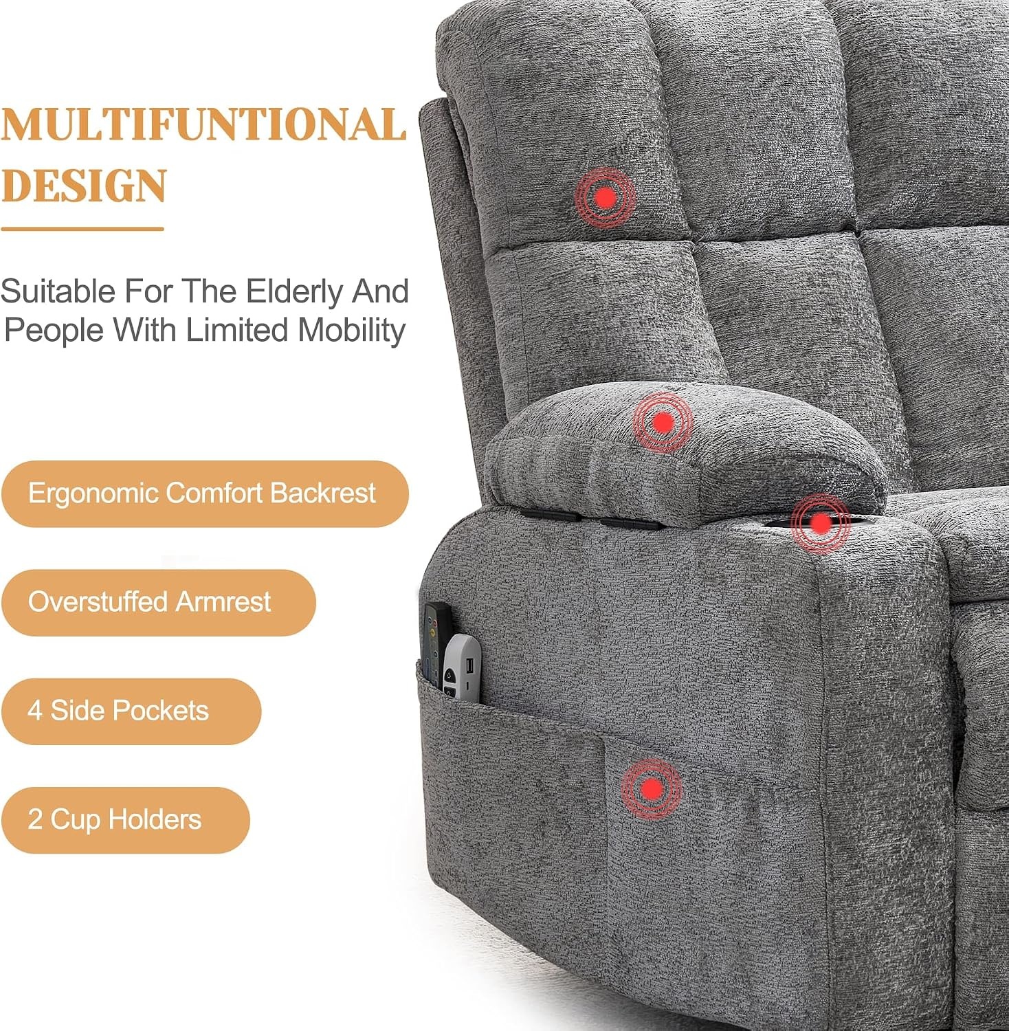 image:imageKorser Oversized Dual Motor Power Lift Recliner for Elderly with Massage and Heat Extra Wide Electric Recliner with Adjustable Headrest Lift Chair with Storebox Cupholder USB Ports Type C BlackGrey