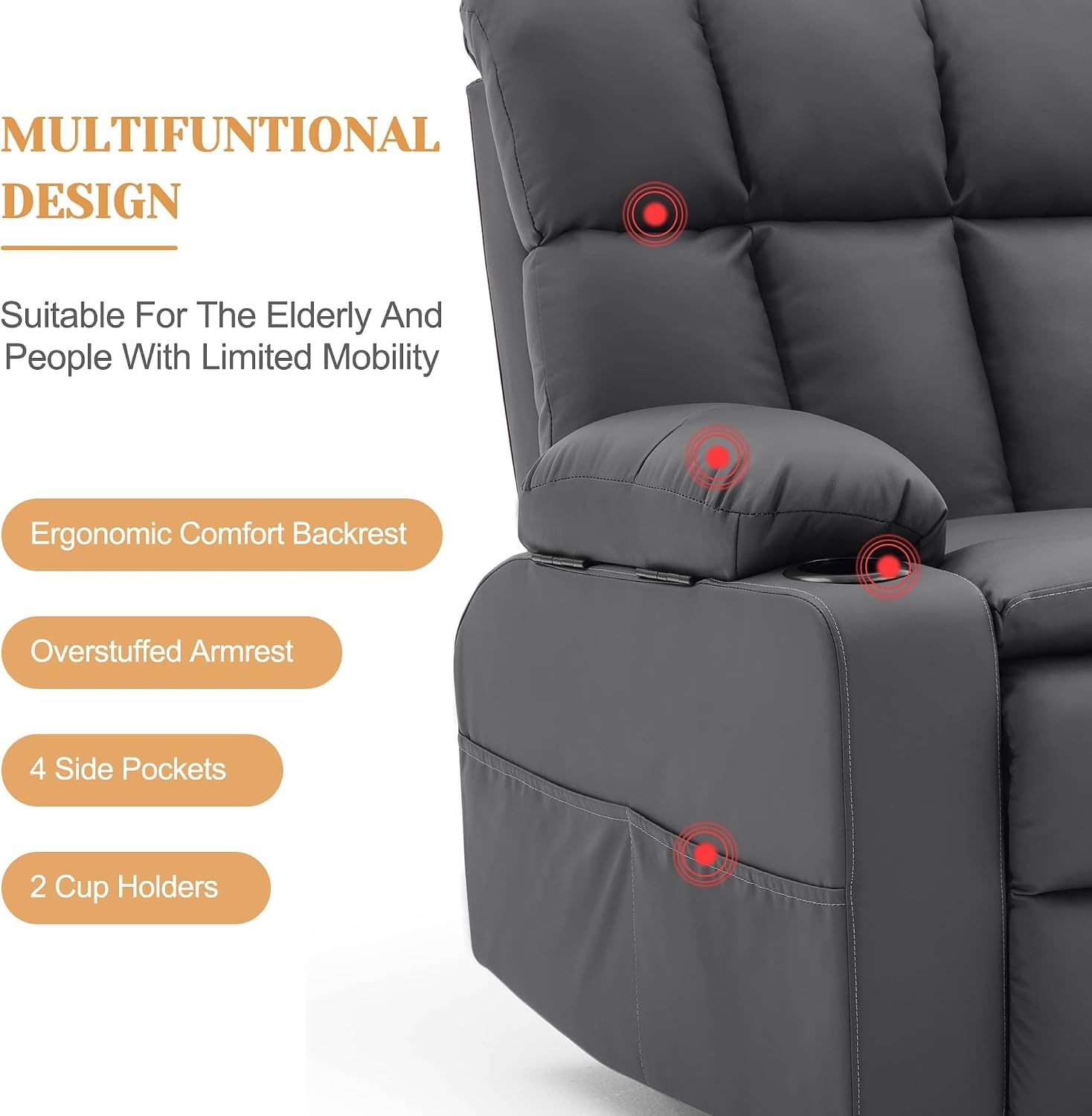 image:imageKorser Oversized Dual Motor Power Lift Recliner for Elderly with Massage and Heat Extra Wide Electric Recliner with Adjustable Headrest Lift Chair with Storebox Cupholder USB Ports Type C BlackClassic Grey